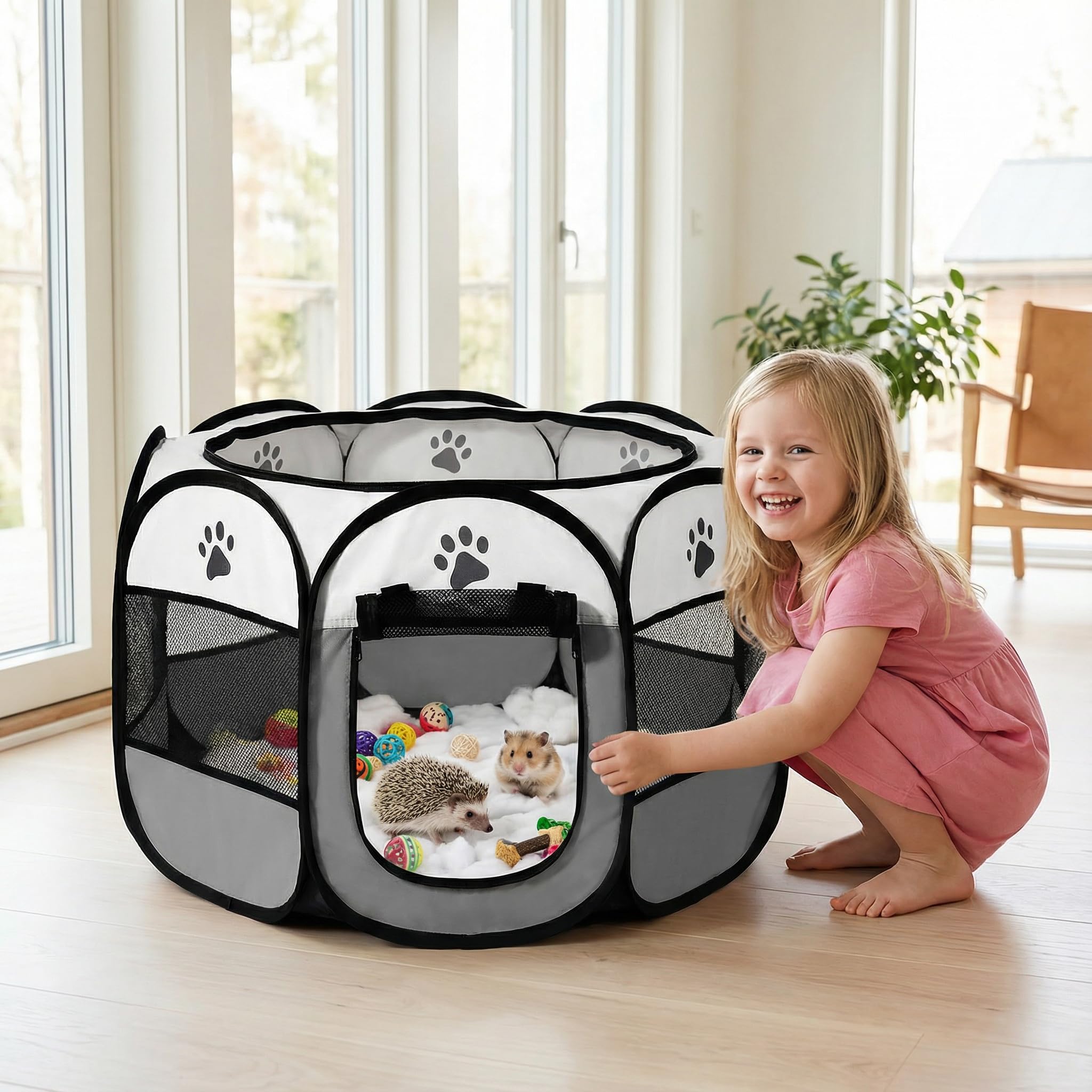box per cuccioli, 91 x 91 x 58 cm, pieghevole, per casa, recinto per gatti, conigli, interni ed esterni, colore: grigio