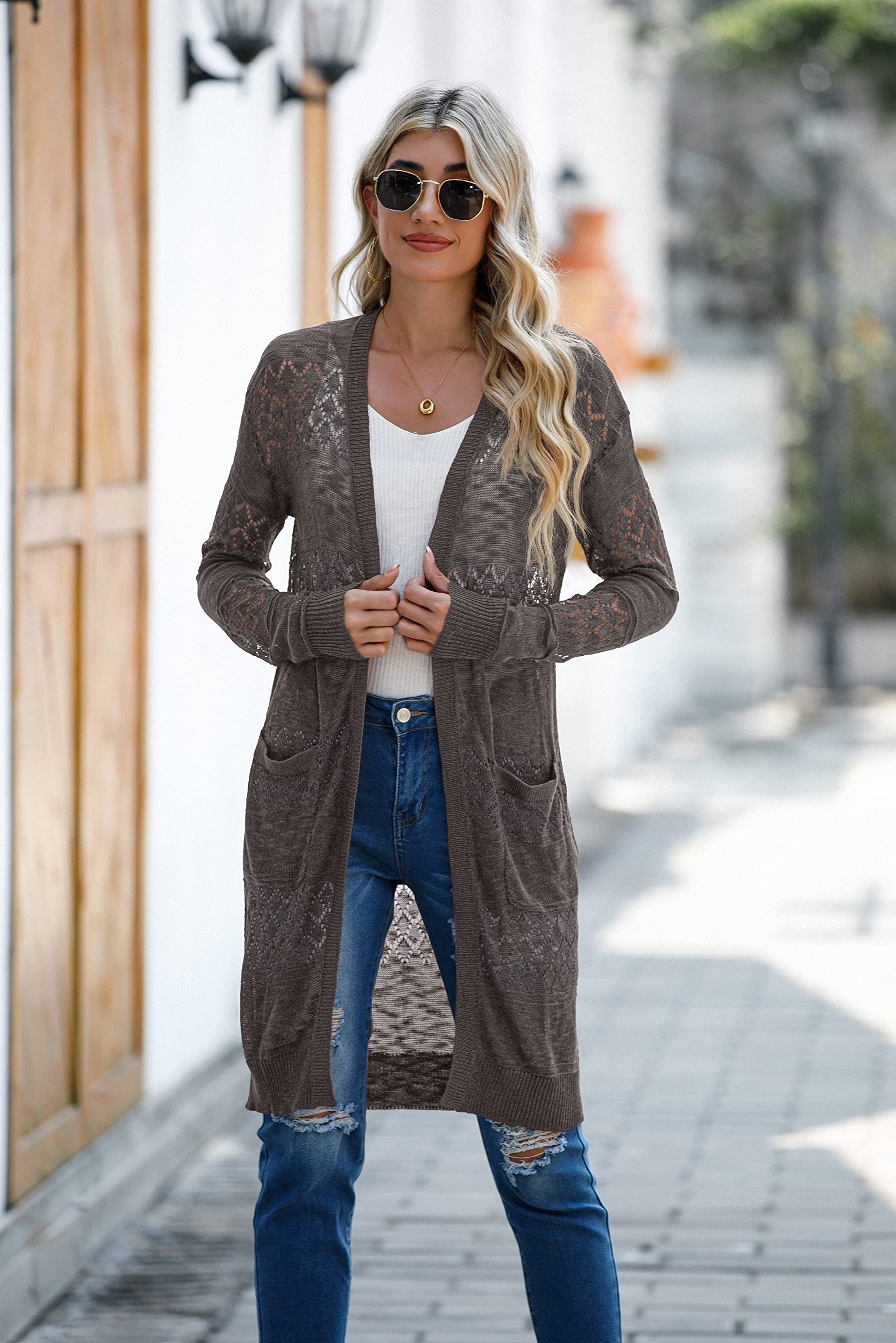GRECERELLE Cardigan da donna leggero a maniche lunghe, casual, lavorato all'uncinetto, aperto sul davanti, con tasche