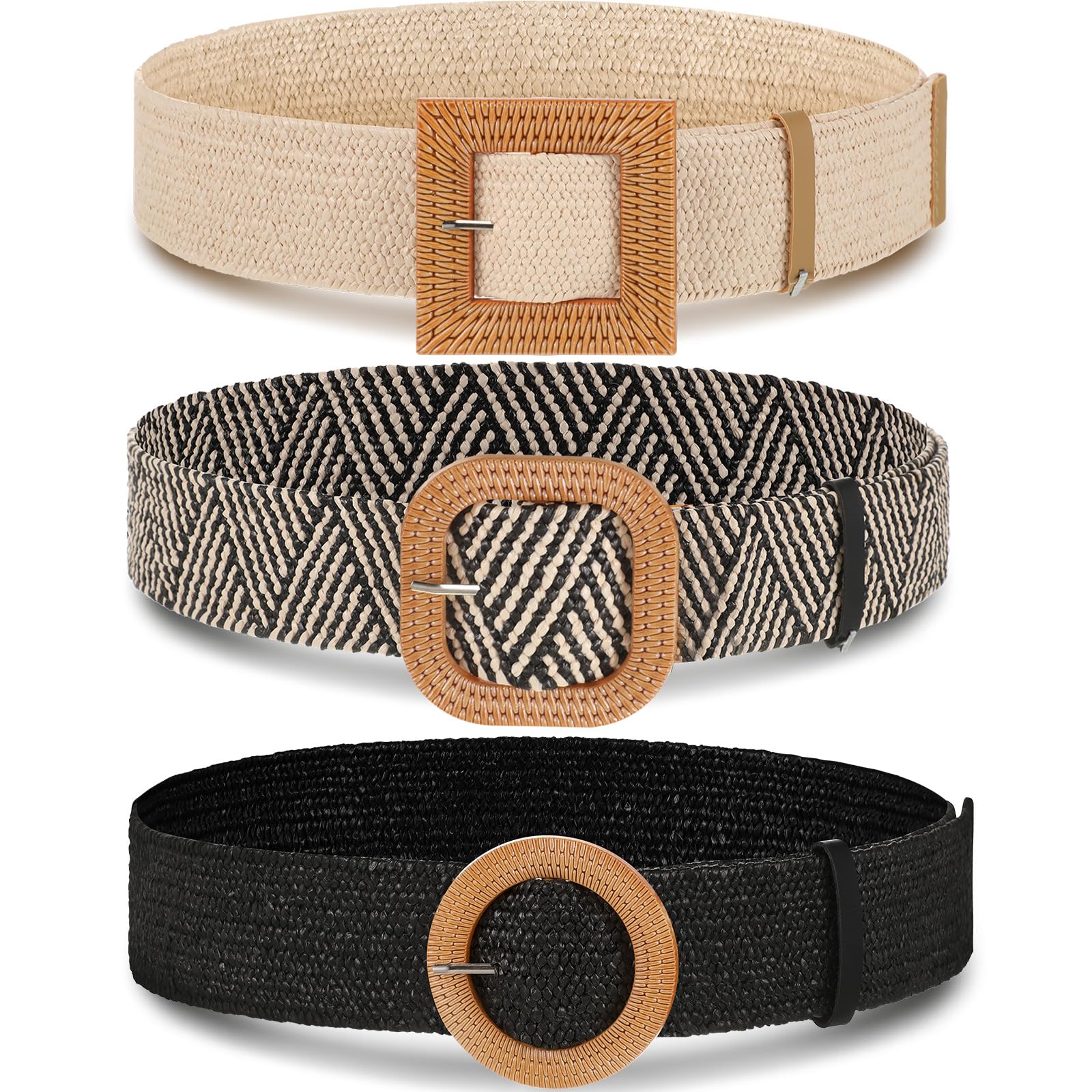 Syhood 3 Pieces Straw Woven Elastic Waist Belt for Women Bohemian Dress Braided Belt