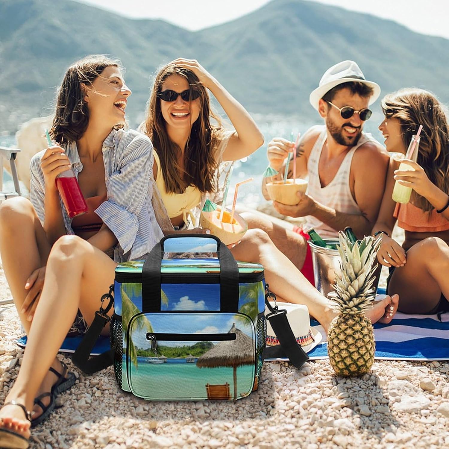 Camping Ice Pack, Tropical Holidays Print Cooler Bag, 22.5L Large Capacity Insulated Lunch Tote Bag for Outdoor, Picnic, BBQ, Travel, Work