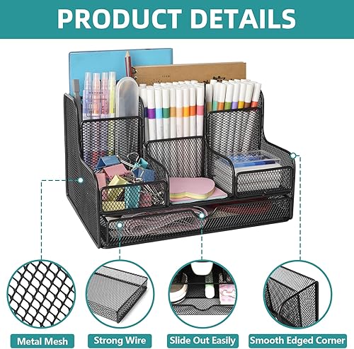 Miniatura 3 de Organizador de escritorio de malla negra y accesorios con 7 compartimentos, accesorios de escritorio multifuncionales de malla, organizadores de