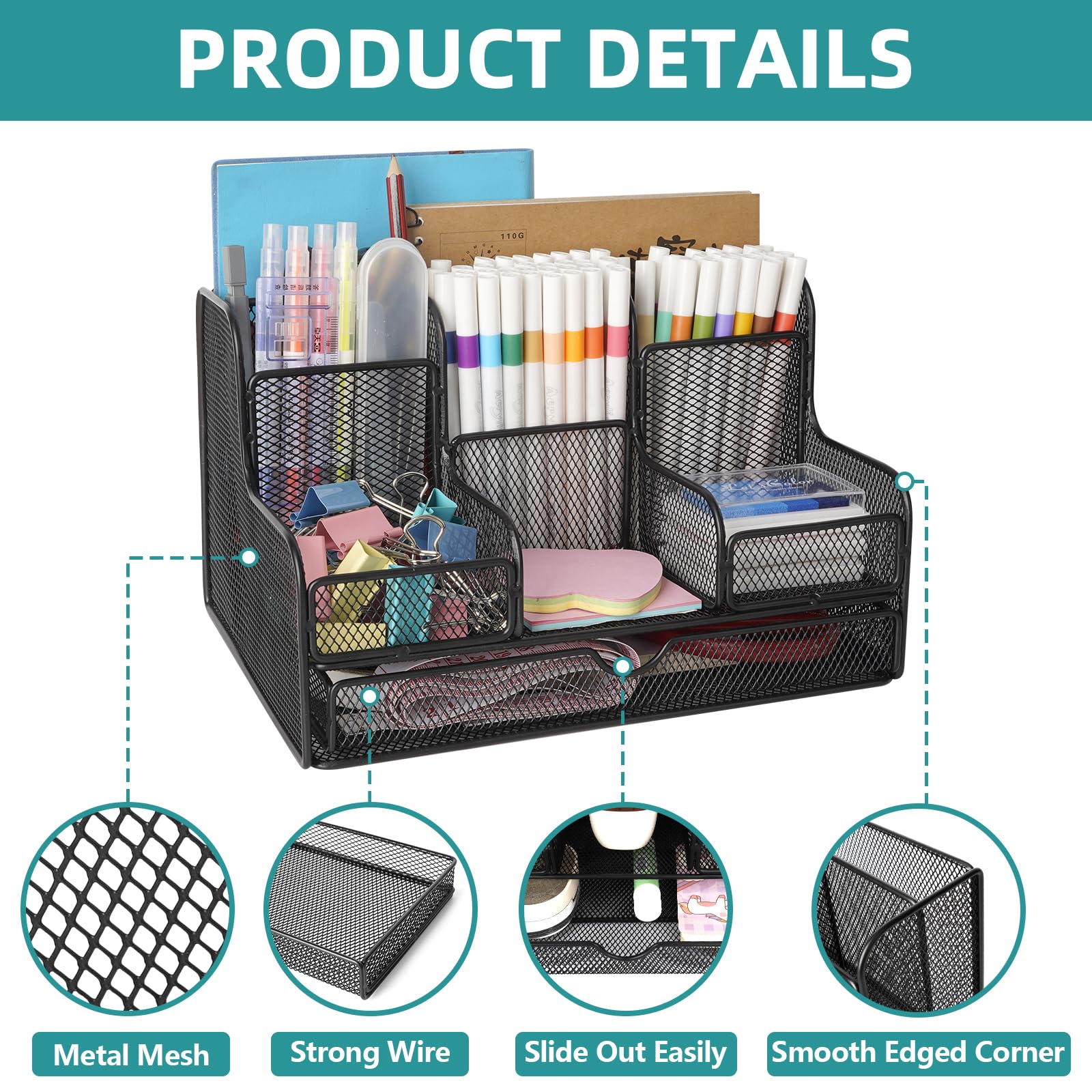 Schreibtisch Organizer, Stiftehalter Schreibtisch Organizer aus Netzstoff und Zubehör mit 7 Fächern, schwarzes Netz, multifunktionales Schreibtischzubehör, Bürobedarf für Zuhause, Büro