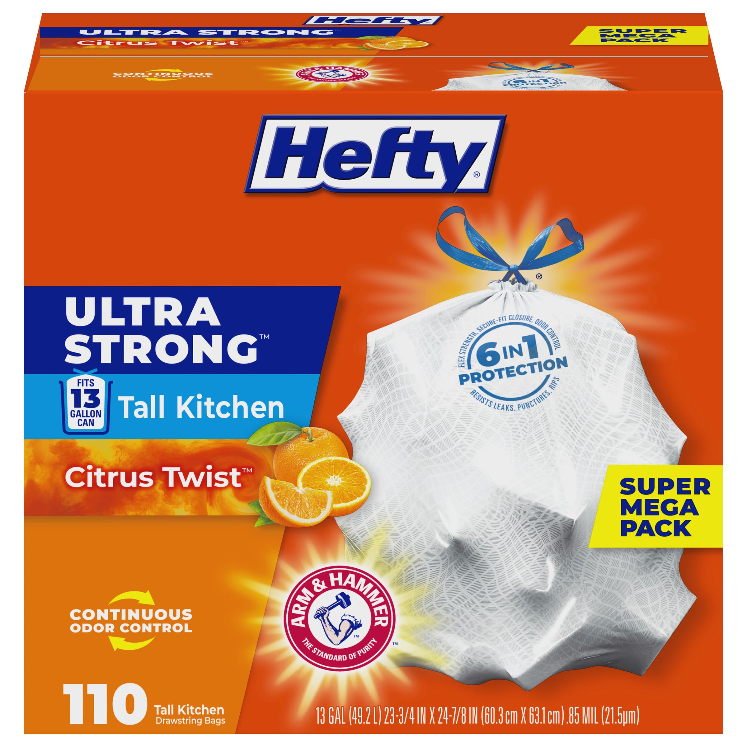 Hefty Ultra Strong 13 Gallon Trash Bags, Tall Kitchen Trash Bags 13 Gallon Size, Drawstring Closure, Continuous Odor Control, White, Citrus Twist Scent, 110 Bags
