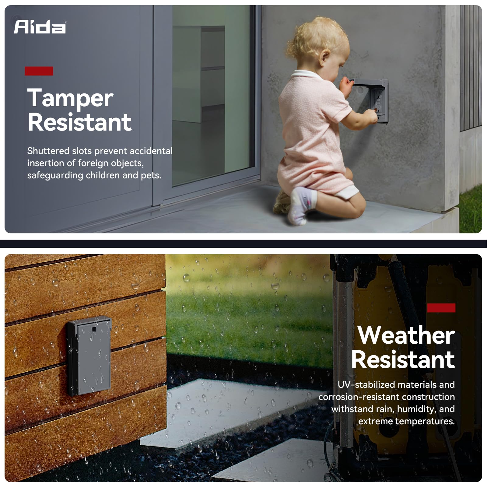 AIDA Prise GFCI 20 A avec couvercle et plaque murale résistants aux intempéries, réceptacle duplex pour salle de bain, cuisine, garage, utilisation en extérieur, certifié UL, gris, 1 pièce