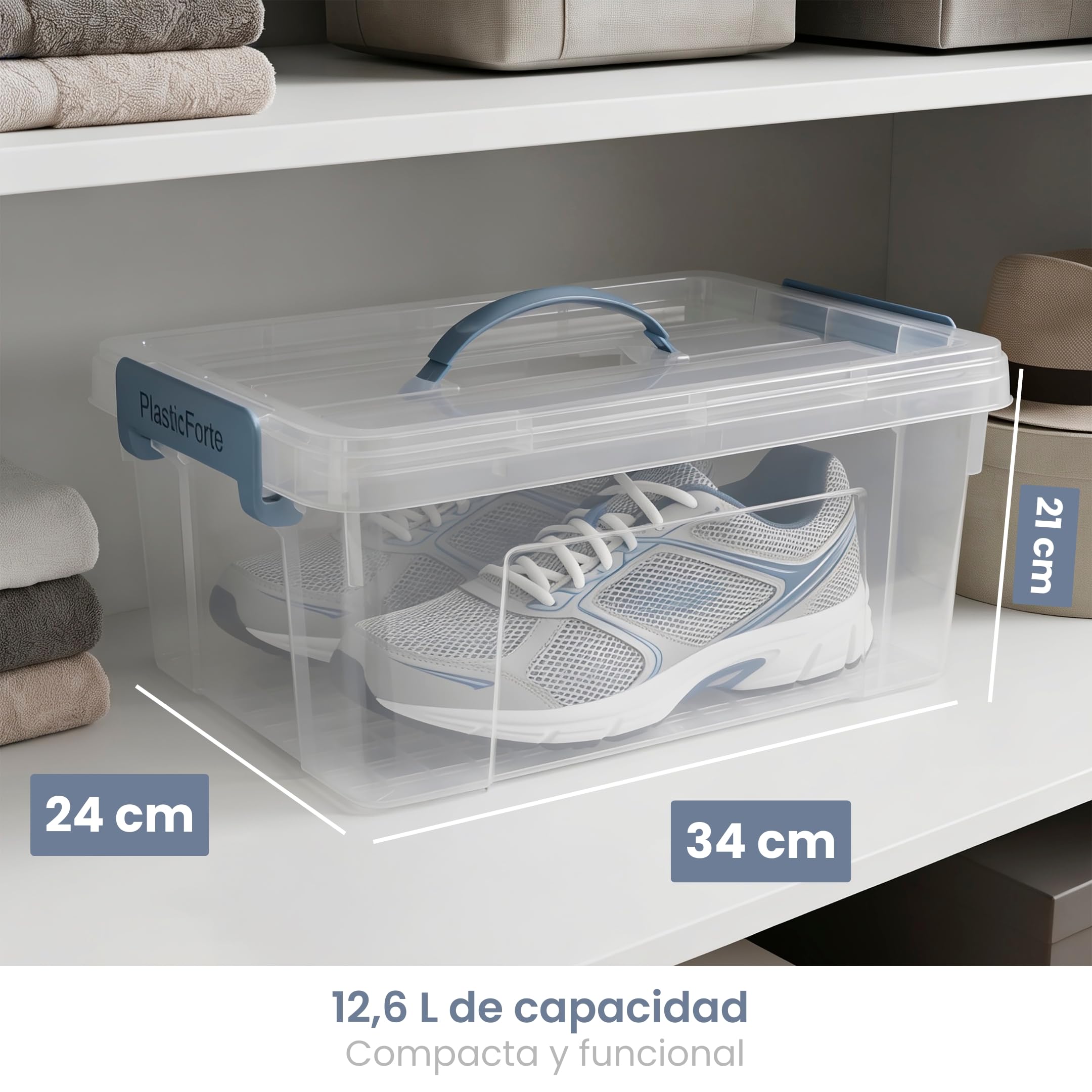 PlasticForte – Pack de Cajas de Almacenamiento con Asa de Transporte - Plástico Resistente, Apilables, Transparentes - Organizador (Azul, Pack 6, 12.6, Litros)