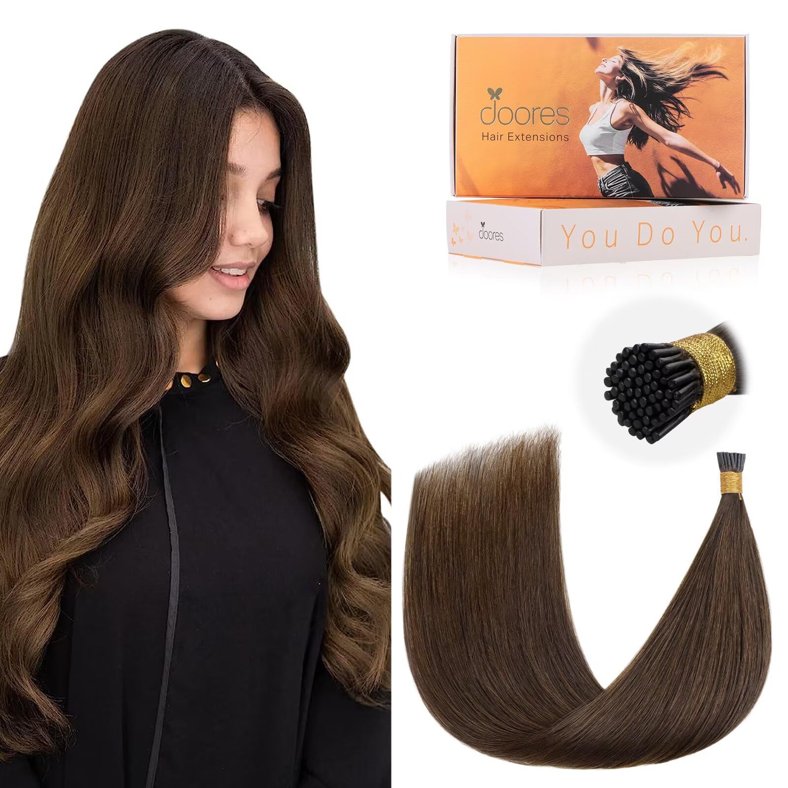 DOORES I Tip Hair Extensions, Chocolate Brown 50g/100s 14 Inch, I Tips Hair Extensions Human Hair Remy Hair Extensions Silky Straight Itip Extensions