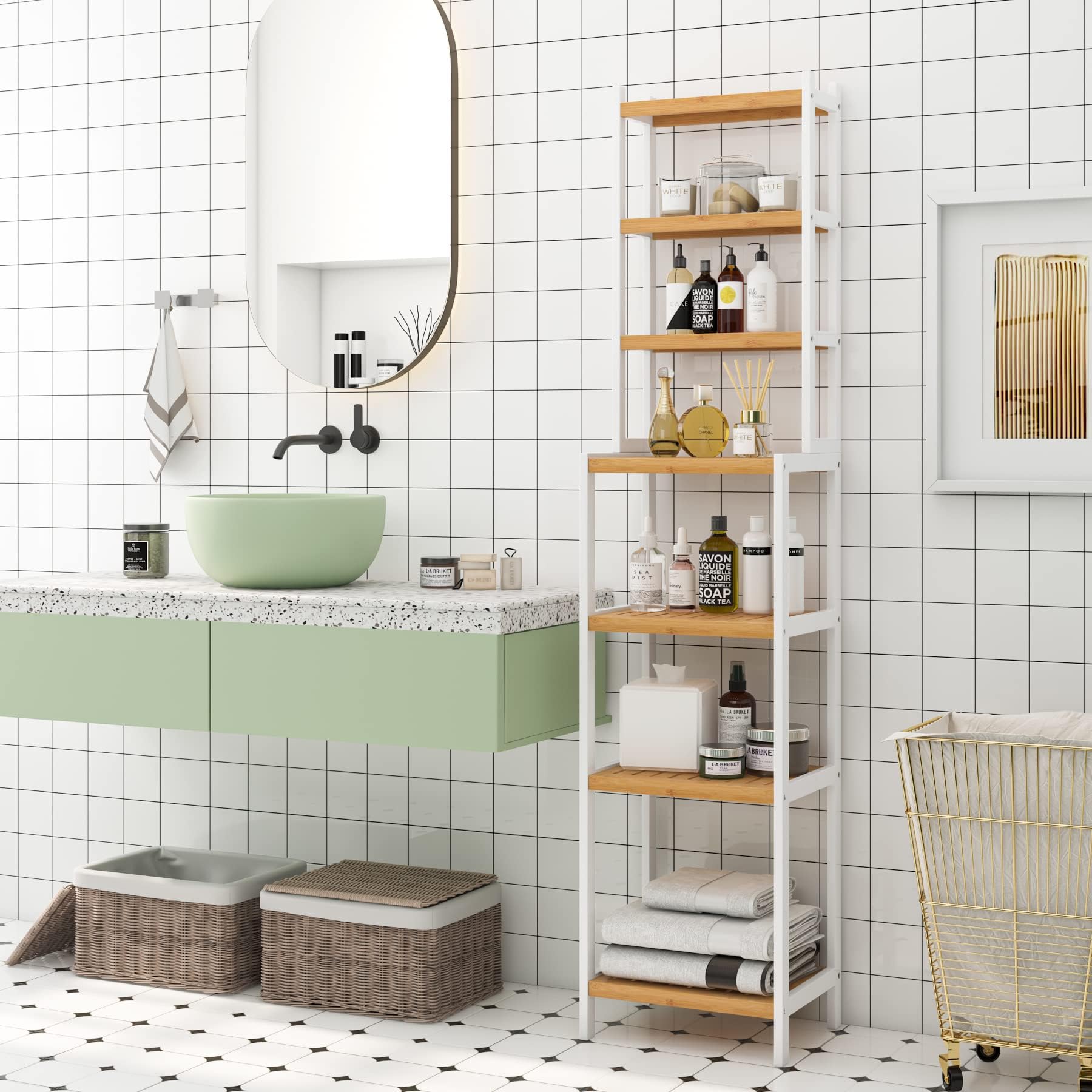 FOREHILL Scaffale Bagno in Bambù con 7 Ripiani Regolabili, Bianco+Naturale | Scaffalatura Portaoggetti,Mensole Scaffale Autoportanti,Ingombro Ridotto,per Bagno, Soggiorno,Cucina, Balcone,160x36x28cm