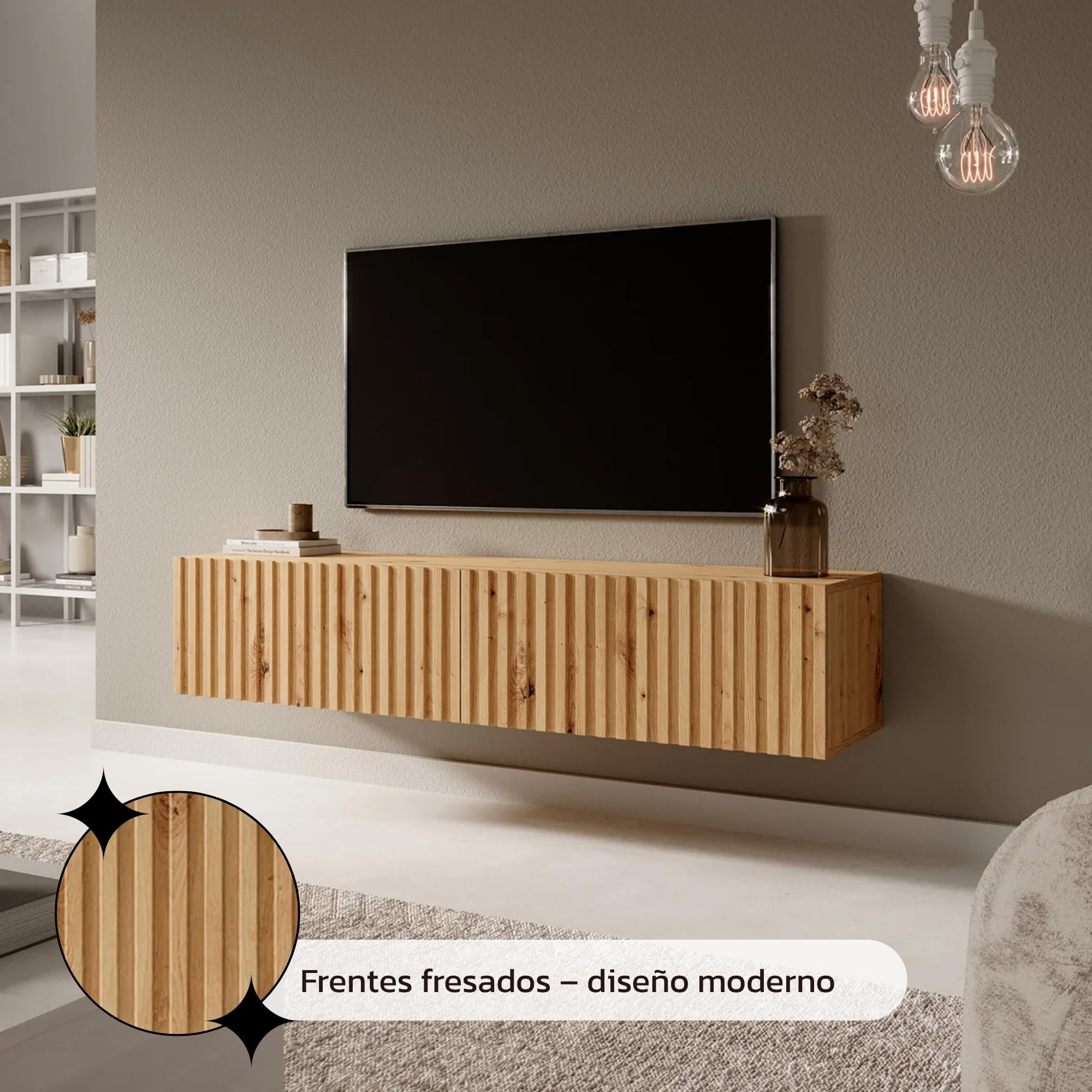 Selsey Telire - Mueble de TV Colgante - Roble Artesano con Frente de Lamas - 140 cm