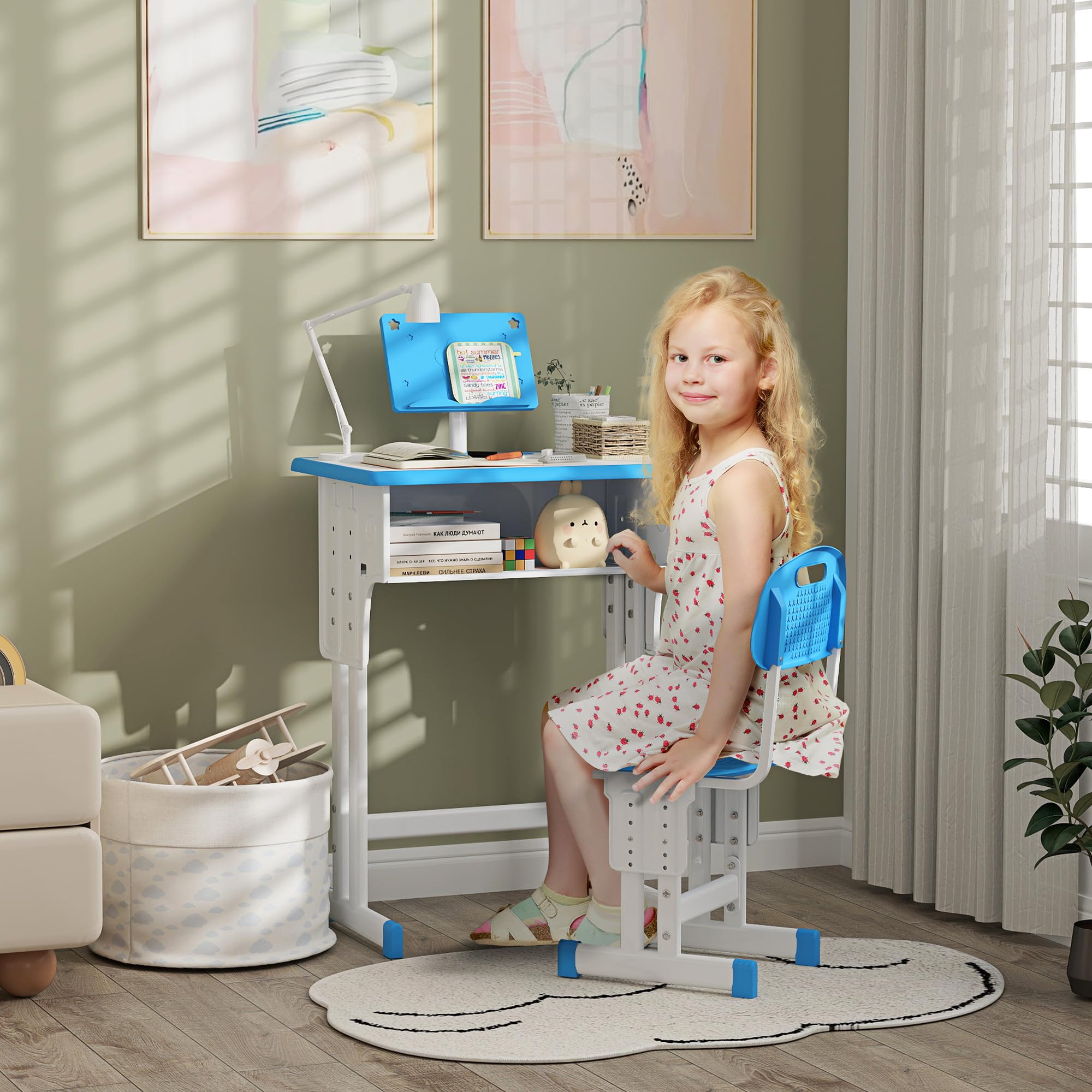 HOMCOM Juego de Escritorio y Silla para Niños de 6-12 Años Escritorio Infantil Altura Ajustable con 1 Cajón 1 Ranura para Lápiz y 1 Estante para Libros Acero 60x45x90-102 cm Azul