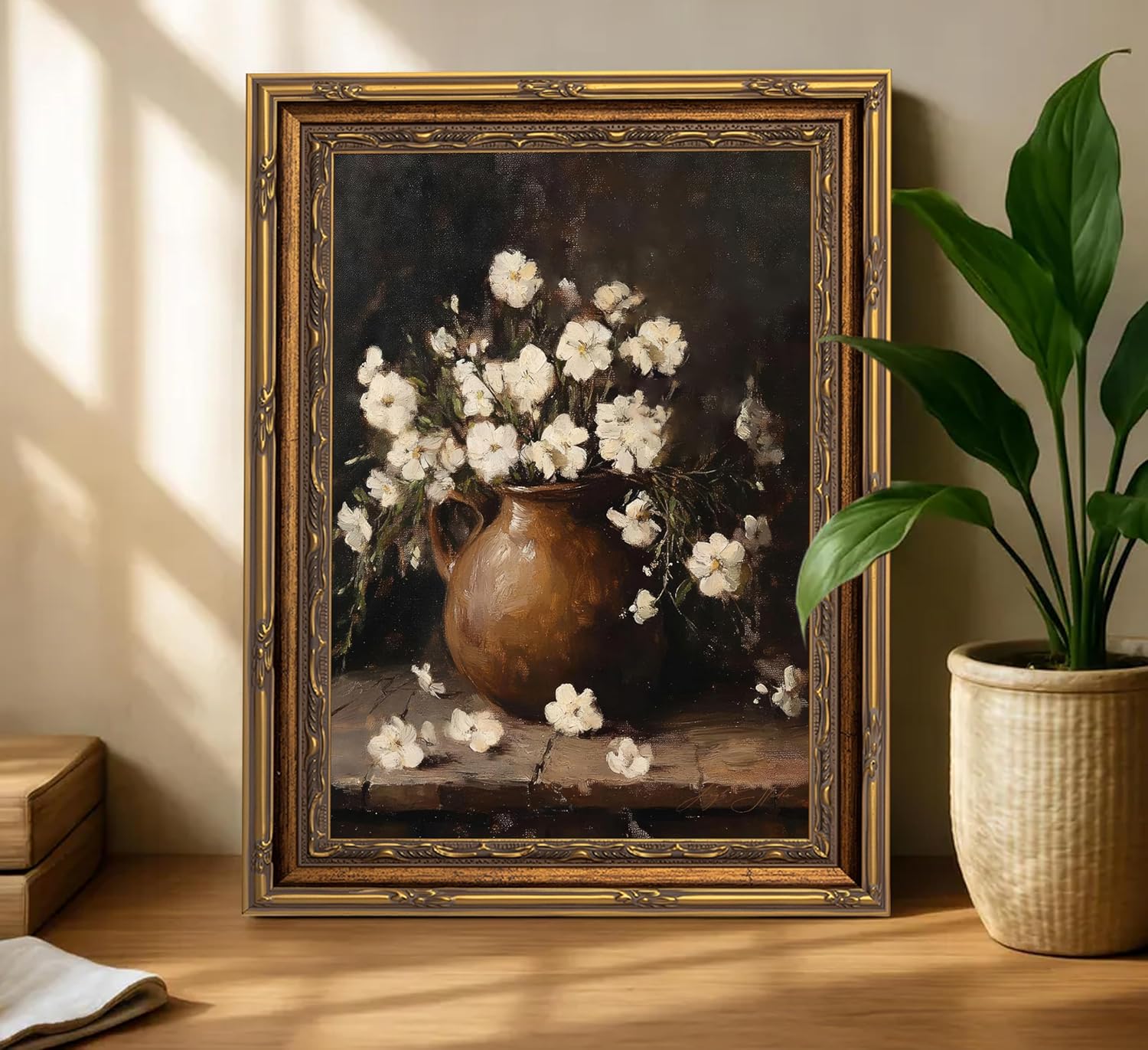 3D Textured Canvas Wall Art Vintage Carved Gold Frame Vintage Rustic Farmhouse Floral White Floral Still Life Brown Pitcher Flower Relief Poster Print Artwork for Living Room Bedroom Home Decor