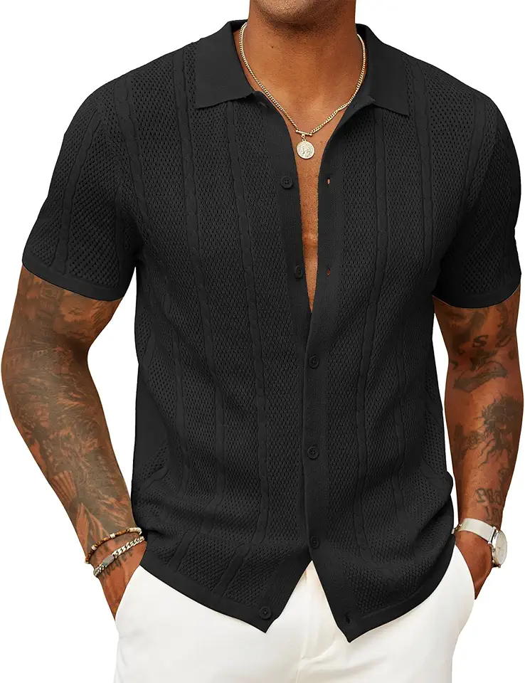 COOFANDY Mens Knit Button Down Shirts Casual Textured Polo Shirt Short Sleeve Vintage Summer Beach Tops