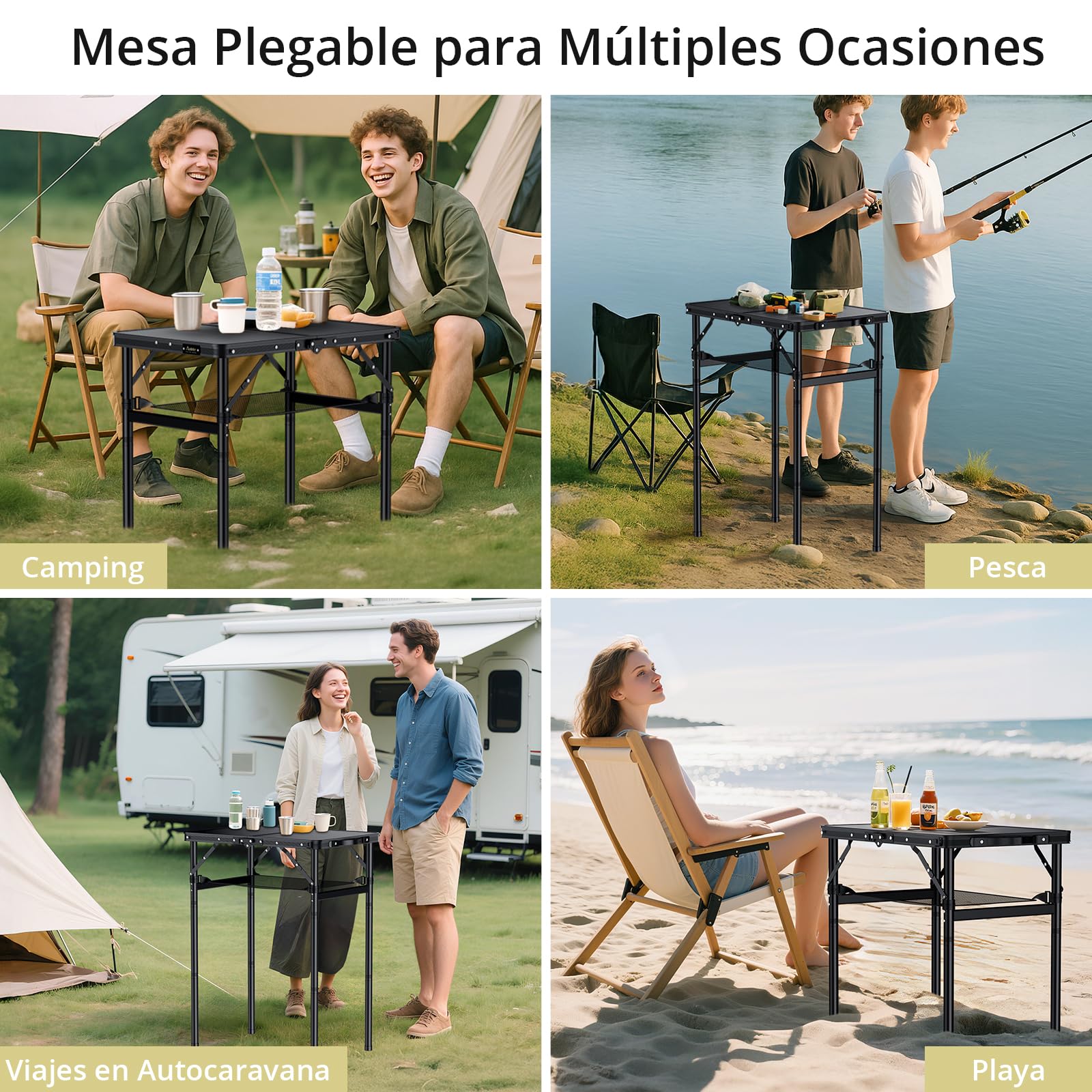 Anbte Mesa Plegable Camping 60x40x27.3/51/74.7cm Ajustable Altura Mesas de Acampada Portátil Mesa Playa Aluminio Impermeable Negro para Terraza Playa Exterior BBQ (Instalación Roscada)