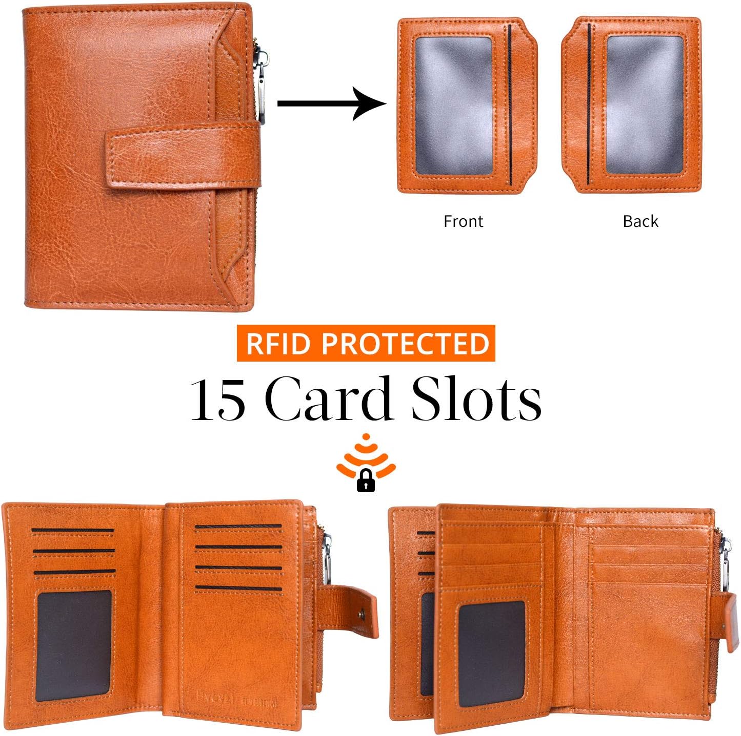 Bveyzi Women's Small Leather RFID Blocking Bifold Zipper Pocket Wallet Ladies Credit Card Slots Purse with id Window - Image 3