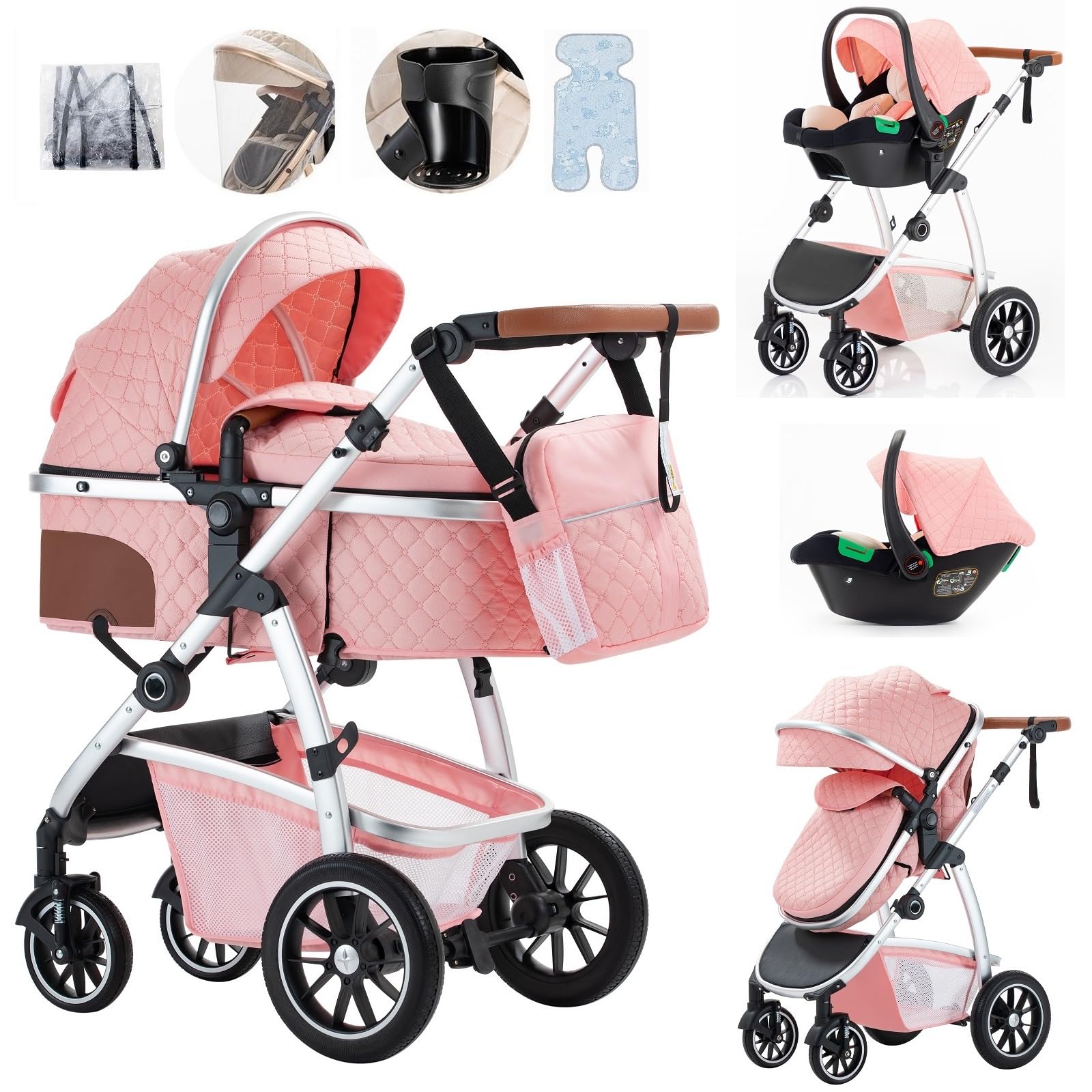 Lnhcrbs Travel Systems 3 in 1 Prams with Car Seat,Travel Stroller Features an Adjustable Push Handle Height and The Front Wheels of The Compact Stroller Can Be Locked to Give Mum Extra Peace of Mind