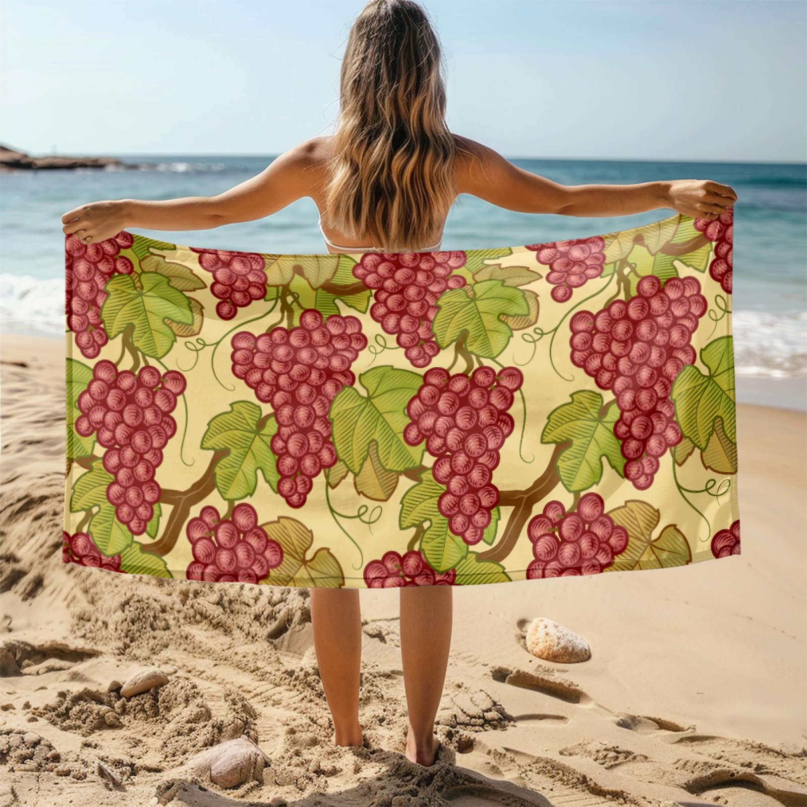 Drap de Plage XXL 200X200 Raisin Rouge Serviettes de Plage en Microfibre,Serviette Piscine Extra Large sans Sable pour Adultes Séchage Rapide