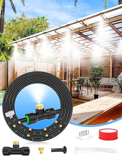 Miniatura 6 de Misters para patio exterior de 63 pies (63.0ft) + 21 boquillas de niebla de latón + un adaptador de latón (34 pulgadas) Sistema de refrigeración