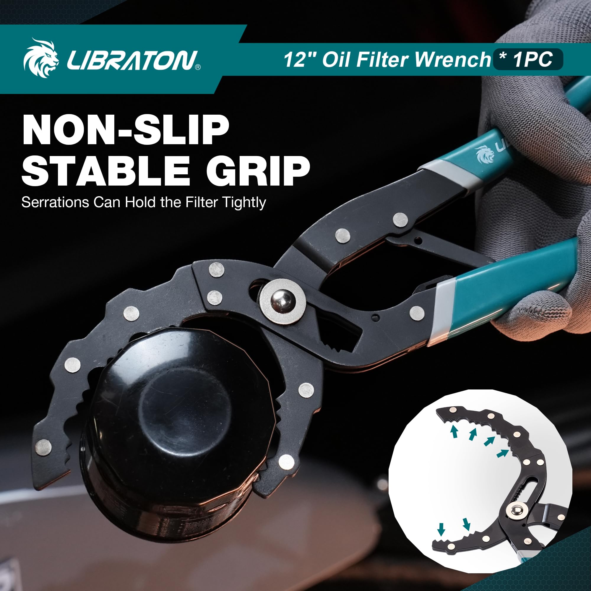 LIBRATON Llave para Filtro de Aceite de 300mm, Alicates Ajustables para Filtros de Aceite (Apertura 60-120mm), Herramienta para Quitar Filtro de Aceite, Uso con Una Mano, para Coches, Motos, Camiones