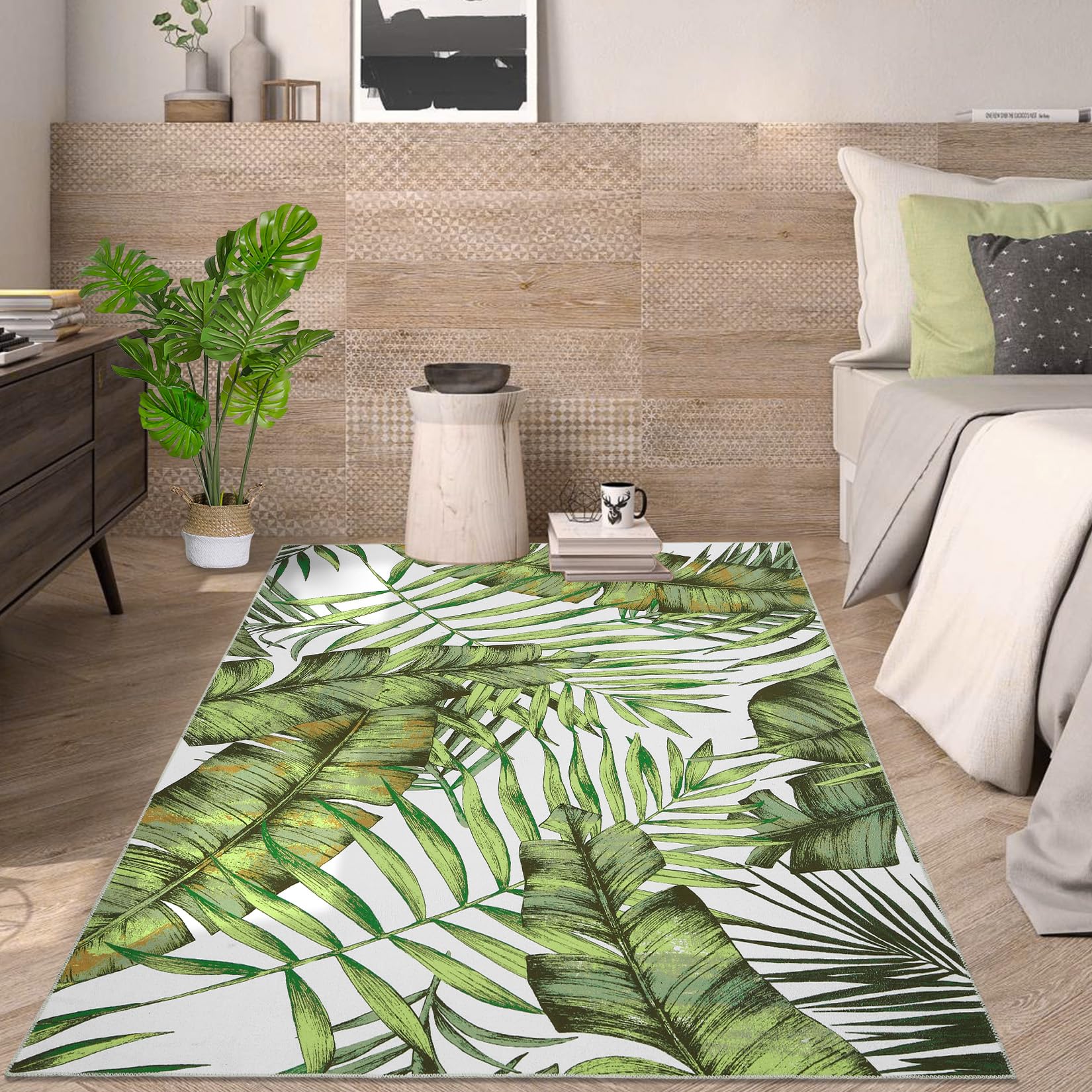 CAREMEE 8x10 Washable Area Rug Palm Tree Leaf Area Rug Indoor Throw Carpet Rug Non Slip Low Profile Non-Shedding Large Area Rug for Living Room Bedroom Kitchen, 8' x 10' Green