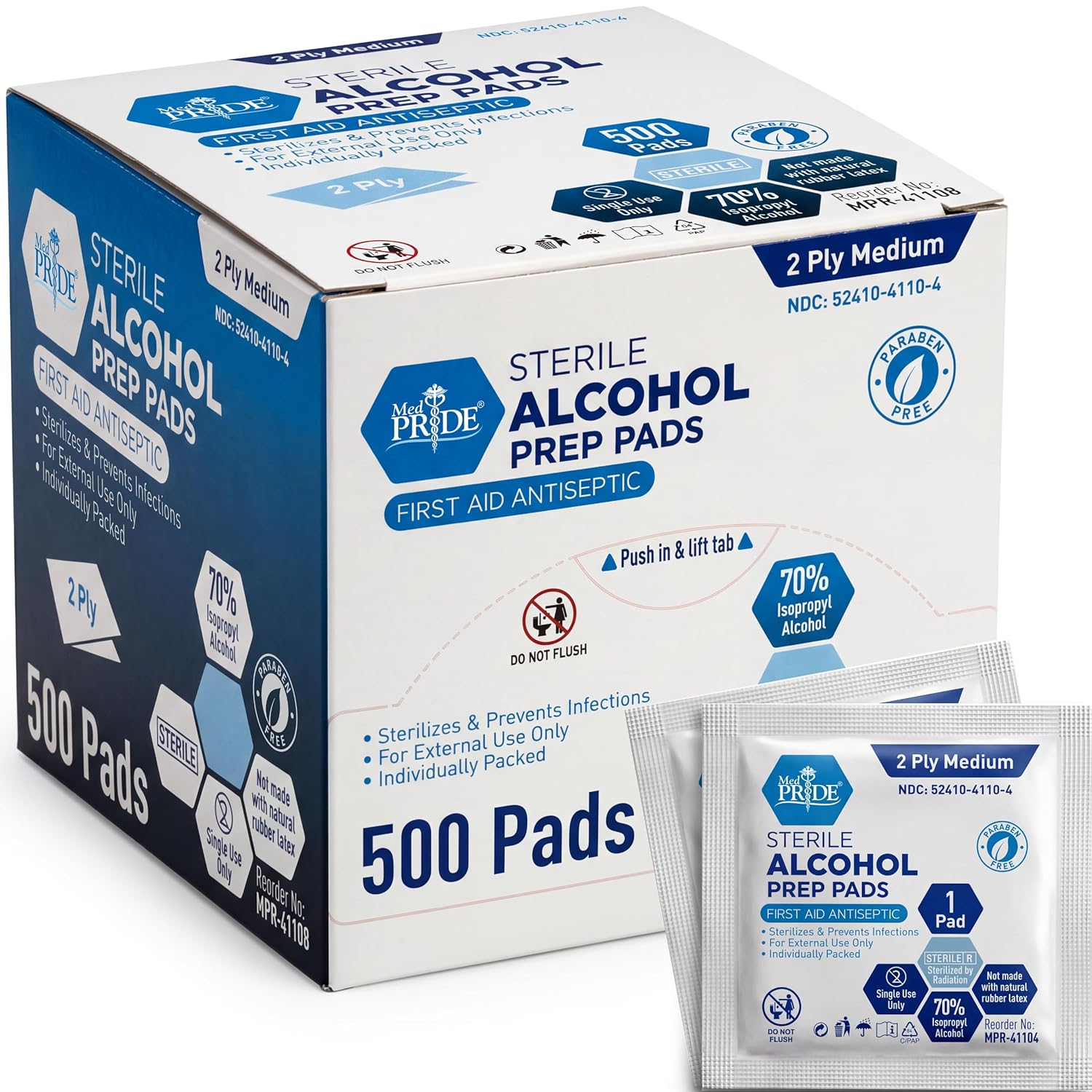 MED PRIDE Alcohol Prep Pads Medical-Grade Sterile Individually-Wrapped Medium Square Size 2ply 500 Count Pack of 1