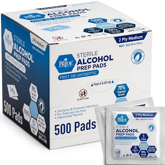 MED PRIDE Alcohol Prep Pads Medical-Grade Sterile Individually-Wrapped Medium Square Size 2ply 500 Count Pack of 1