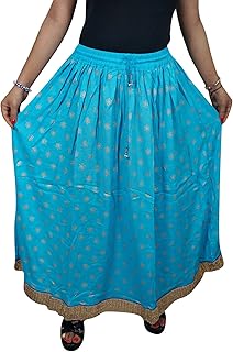 Mogul Interior Lola Womens Maxi Skirt Flare Printed Vintage A-Line Golden Boder Boho Long Maxi Skirts S/M/L (Sky, Blue)