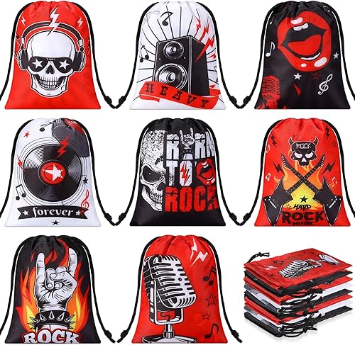 Honoson 24 bolsas con cordón para recuerdos de fiesta de rock and roll, con temática musical, guitarra, caramelos, golosinas, reutilizables, para