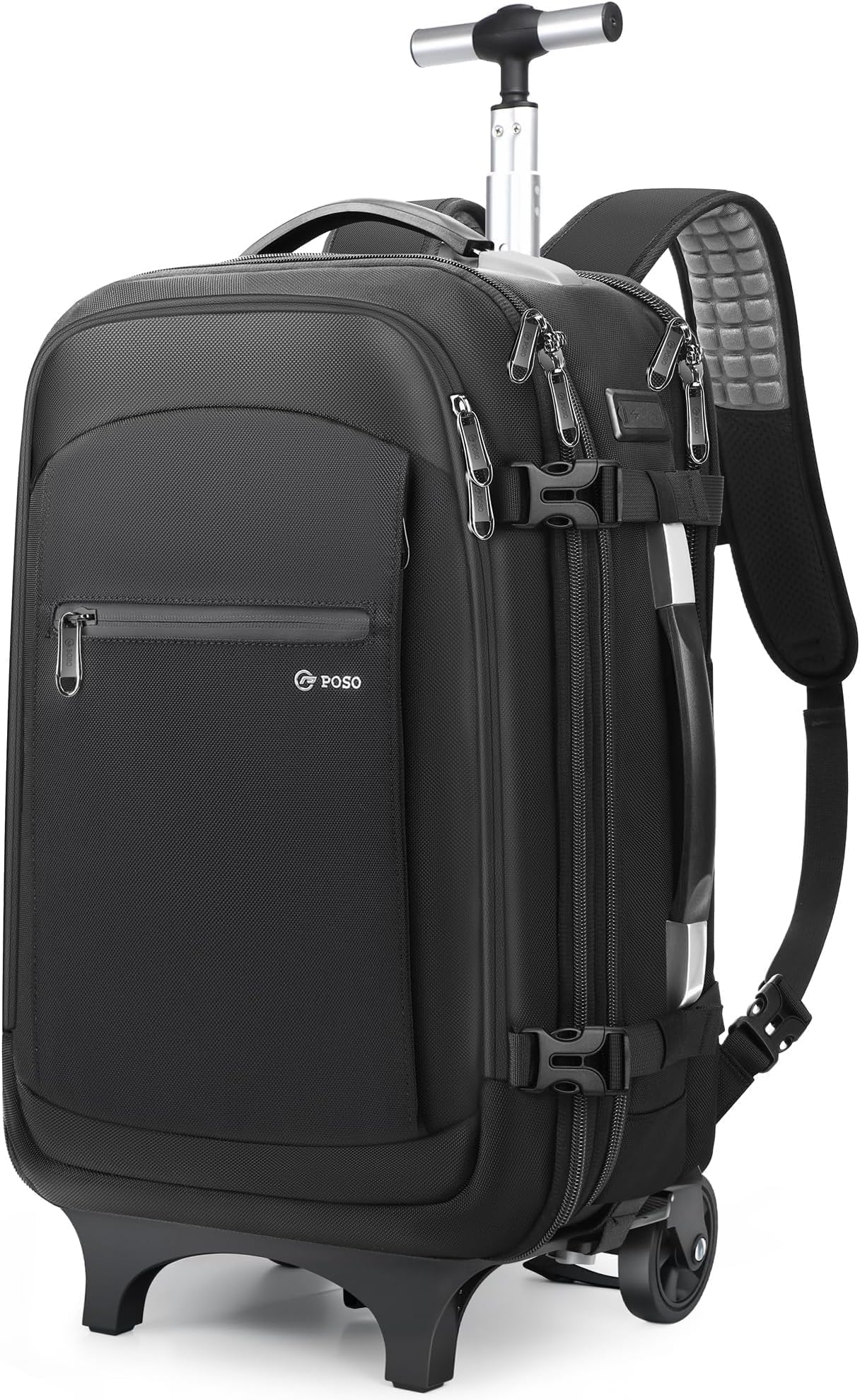 POSO Vacuum Backpack Travel with Pump - 60L Expandable Air Compression System, Vacuum Seal Easyvacpack w/Detachable Wheels, Water Resistant Carry-On Luggage for Traveler Graduate, TSA Lock - Black