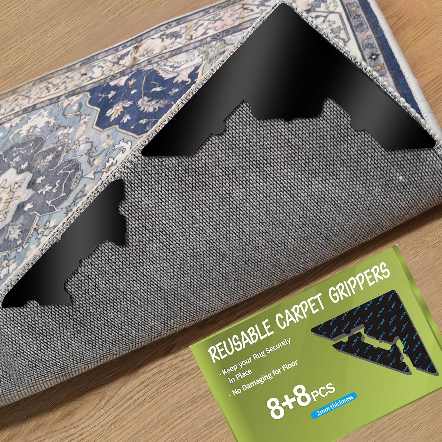 FLUOTINE Large Non-Slip Rug Pads 16 Pcs - Reusable Double-Sided Grip Tape for Hardwood, Tile Floors - Extra Thick 2mm, No Residue Rug Gripper