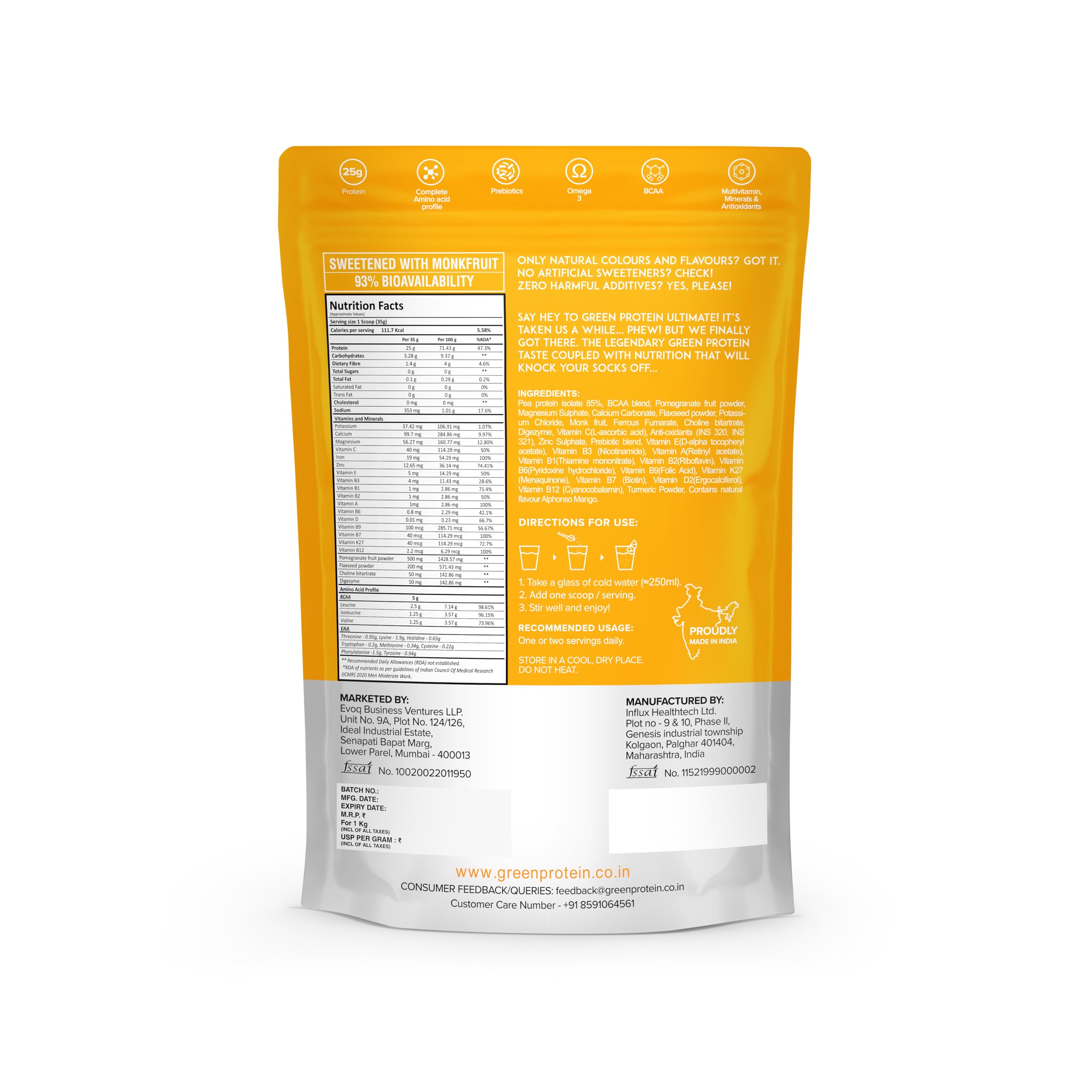 GREEN PROTEIN Ultimate Plant Protein Isolate Powder 25gm Protein, 5g BCAA Per Serving, No Added Sugar | Only Natural Colours and Flavours, Fortified with 17 Vitamins & Minerals | Alphonso Flavor (1kg) — Amazon image 2