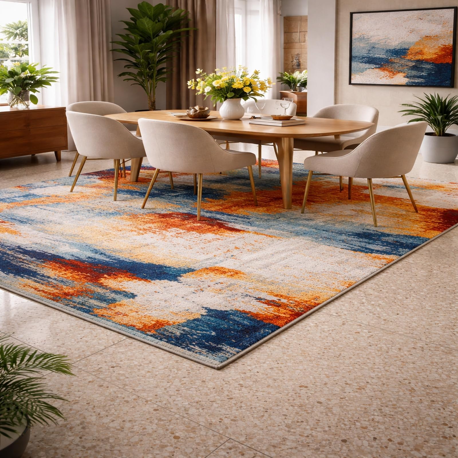 Tapis lavable 200x240 cm abstrait multicolore grand format salon