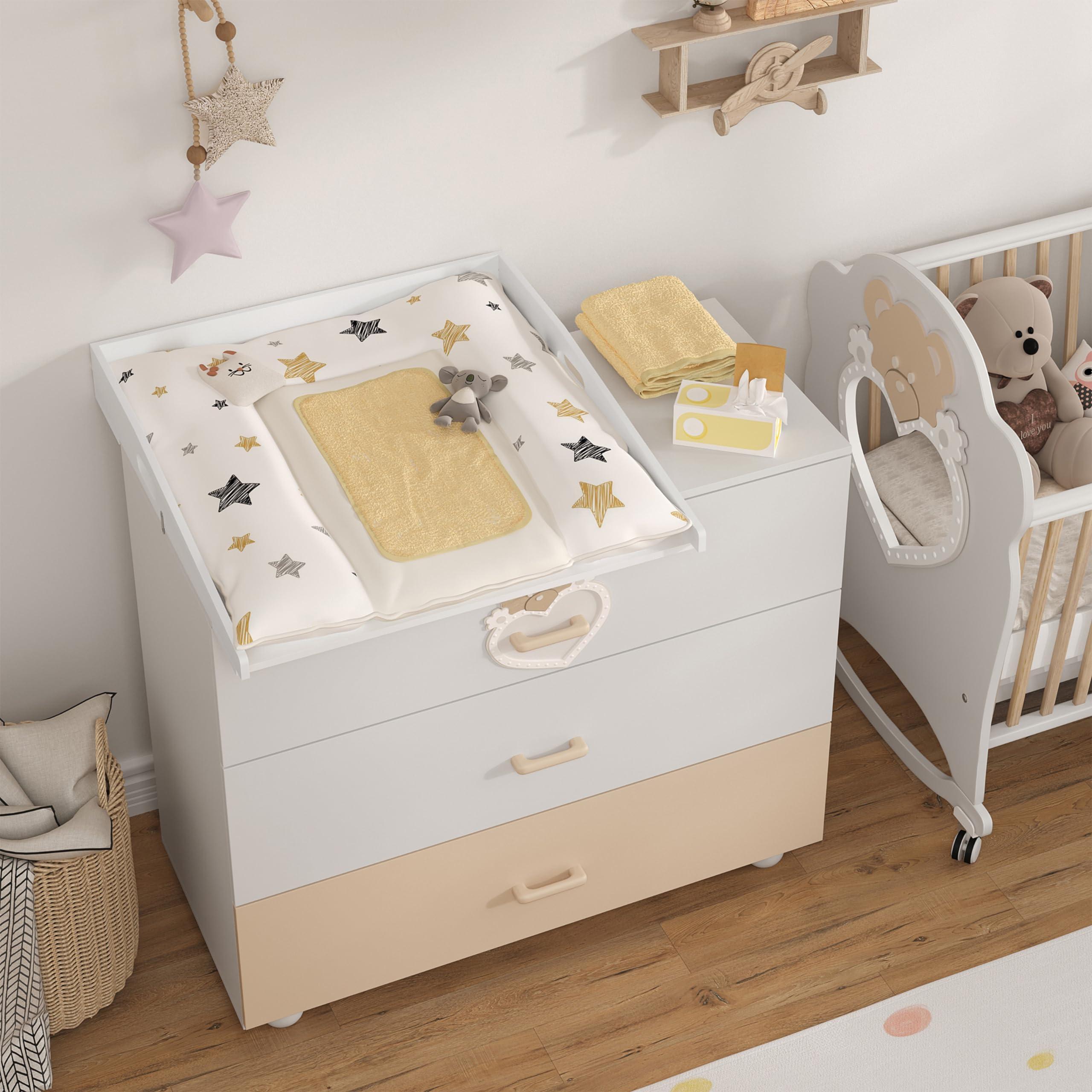 WOLTU Cambiador para Bebé 70x75x10 cm, Accesorio de Madera para Cómoda, con Bordes de Seguridad, Compatible con Estantería o Armario, Blanco