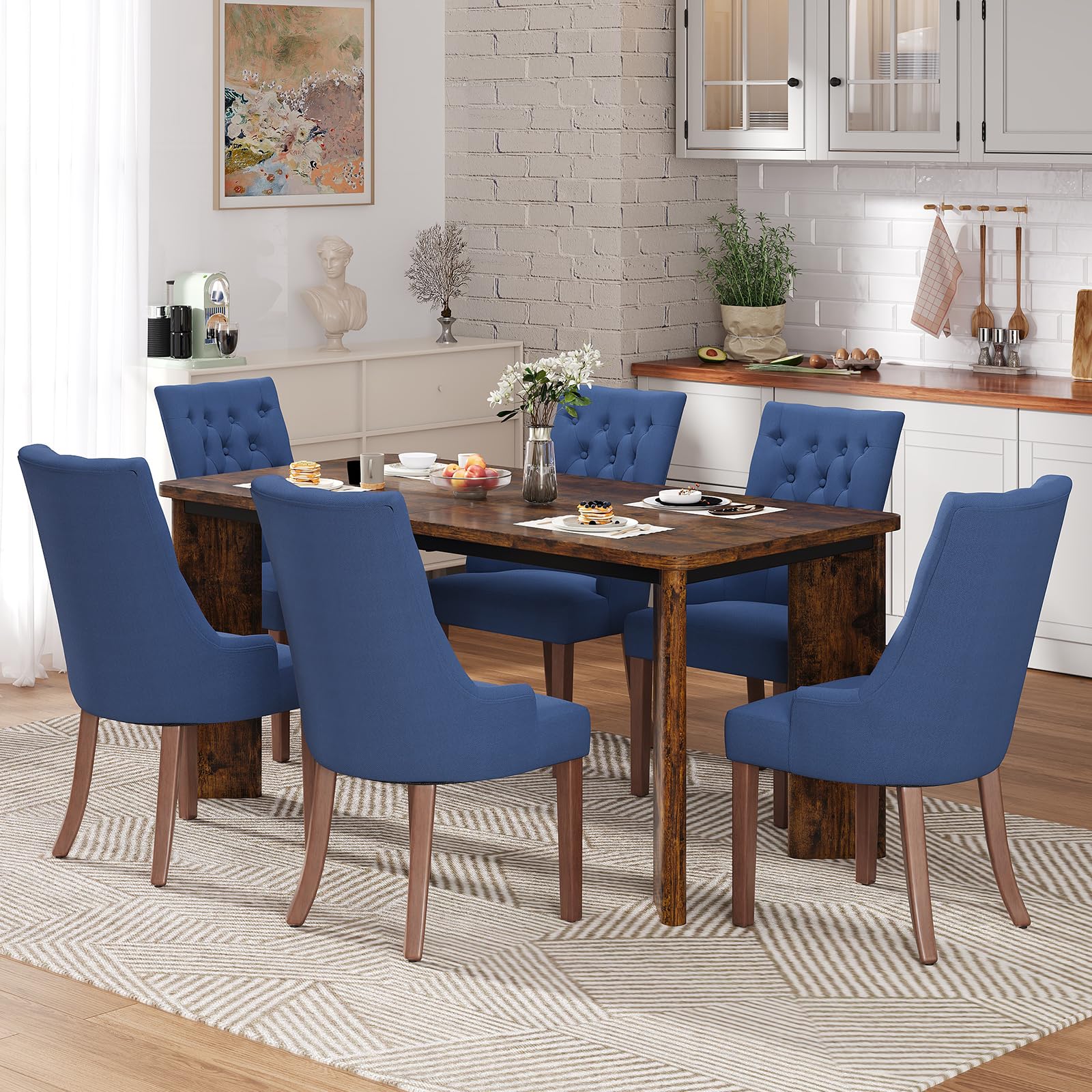 MALOL 7-Piece Rectangular Dining Table Set for 6, 63" Industrial Kitchen Table with 6 Tufted Parsons Dinner Chairs for Dining Room, Kitchen, Living Room, Brown+Blue