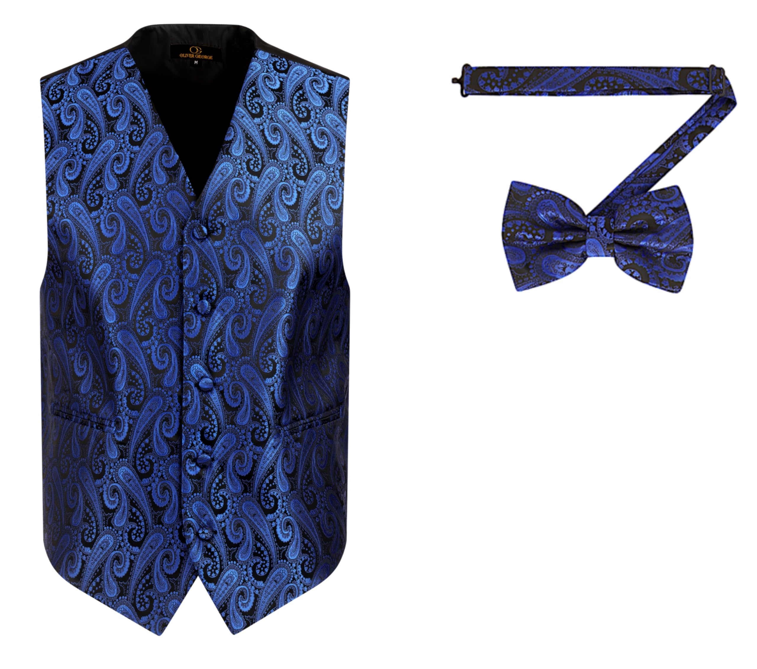 Oliver George 2pc Men's Paisley Formal Suit Vest Waistcoat Tuxedo Dress Vest Bowtie Set for Suit or Tuxedo, Royal Black, 4XL