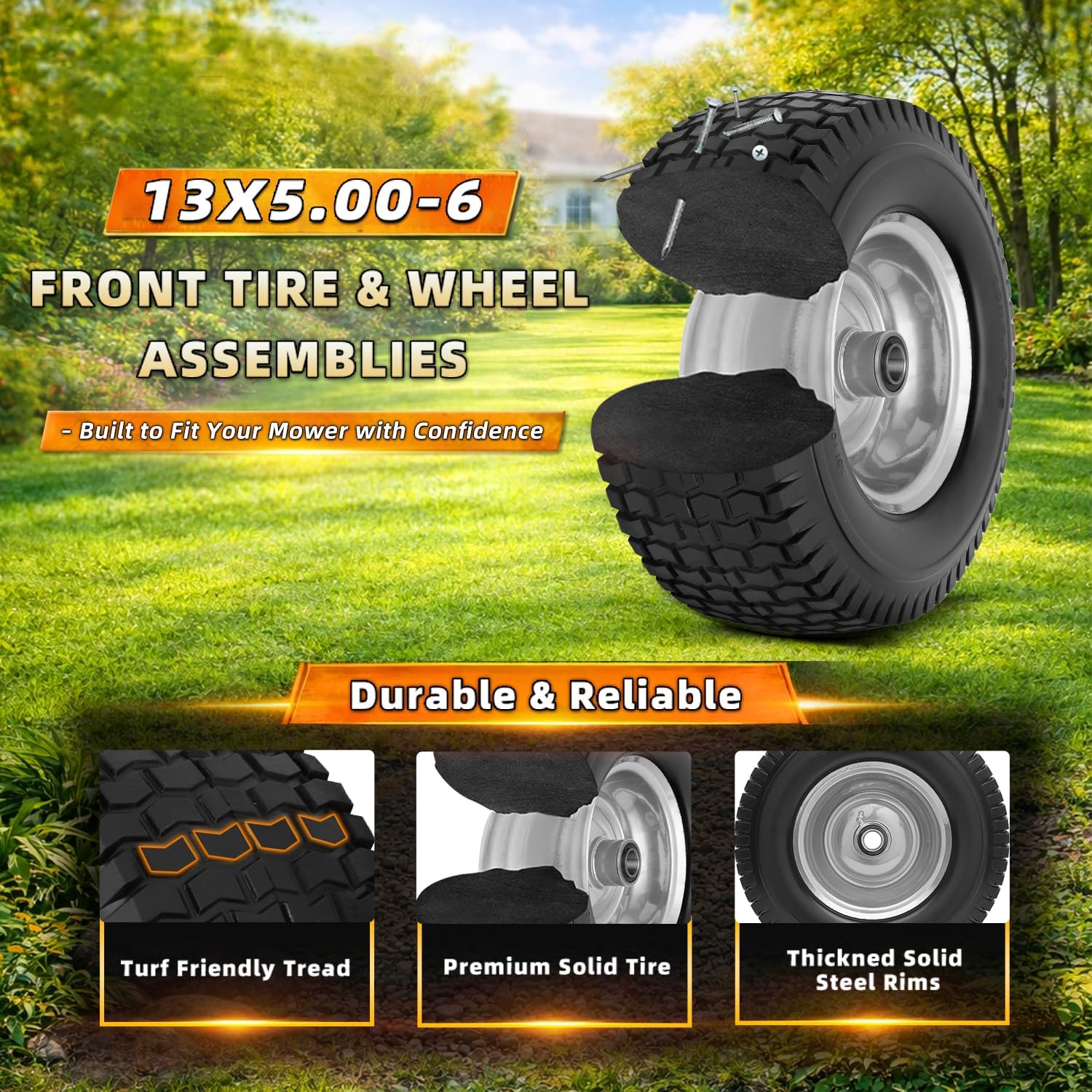 2 Pack 13x5.00-6 Flat Free Tire and Wheel Assemblies, 13 x 5 x 6 Solid Rubber Lawn Mower Tire with Rim, Zero Turn Mower Front Tires with 3/4" & 5/8" Bearings, 3"-6" Centered Hub