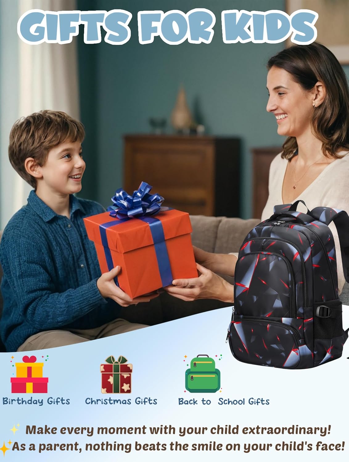 BLUEFAIRY Kids Backpack for Boys Elementary Primary School Bags for Childs Black Bagpack Book Bag Back to School Gifts for Son Mochilas Escolares para Niños 17" Large Compartment Black/Red - Image 5