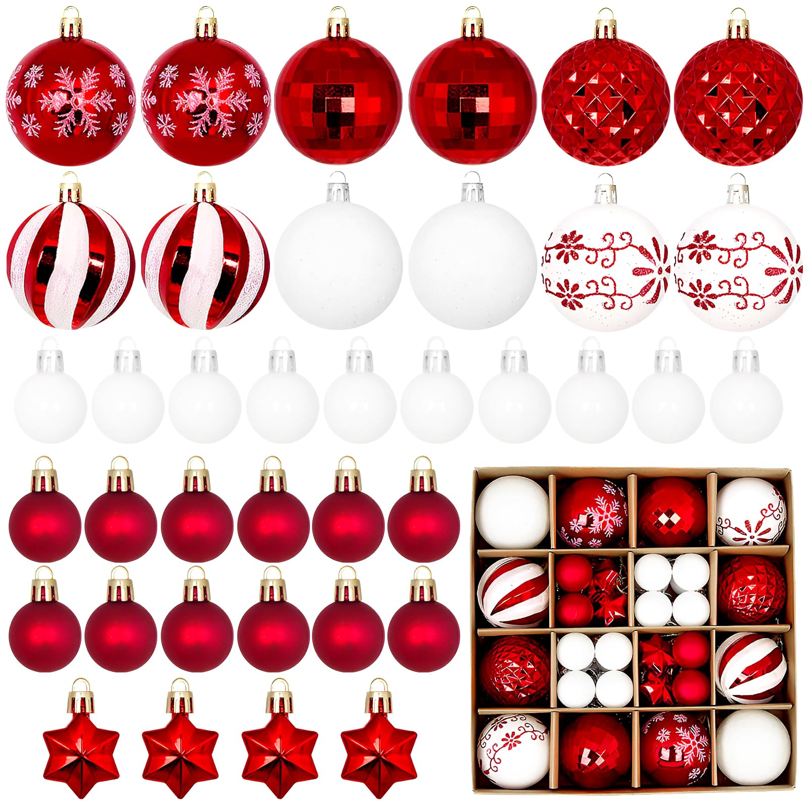 Joollurm Juego de 44 bolas de Navidad rojas y blancas, decoraciones colgantes de Navidad inastillables y adornos para árboles, decoración de vacaciones, fiestas de invierno y envoltura de regalos