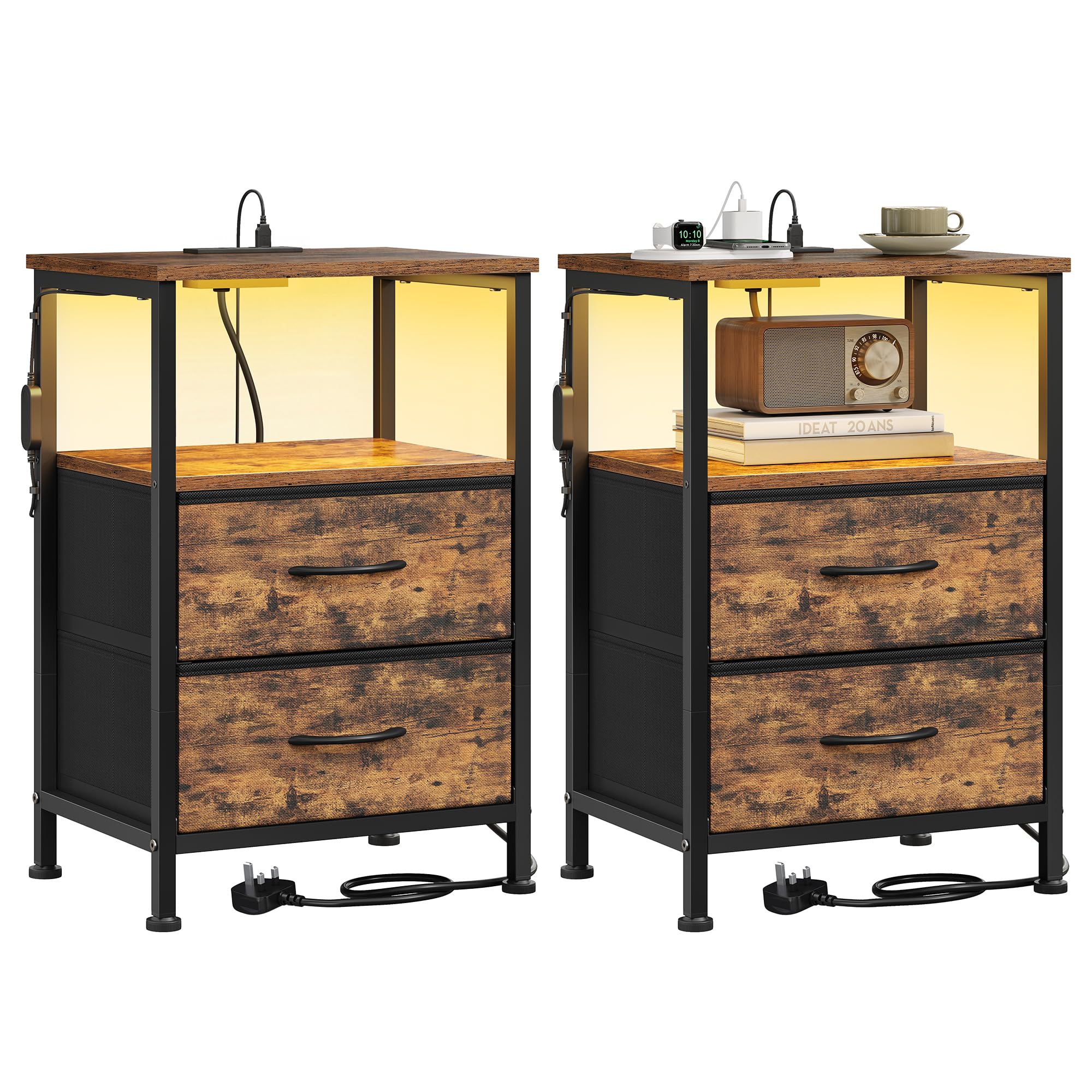 SONGMICS BELLAH Collection - Bedside Table with Charging Station, Side End Table with App-Controlled Adjustable LED Lights, Modern, 1 Shelf, 2 Drawers, Set of 2, Rustic Brown LGS202K103