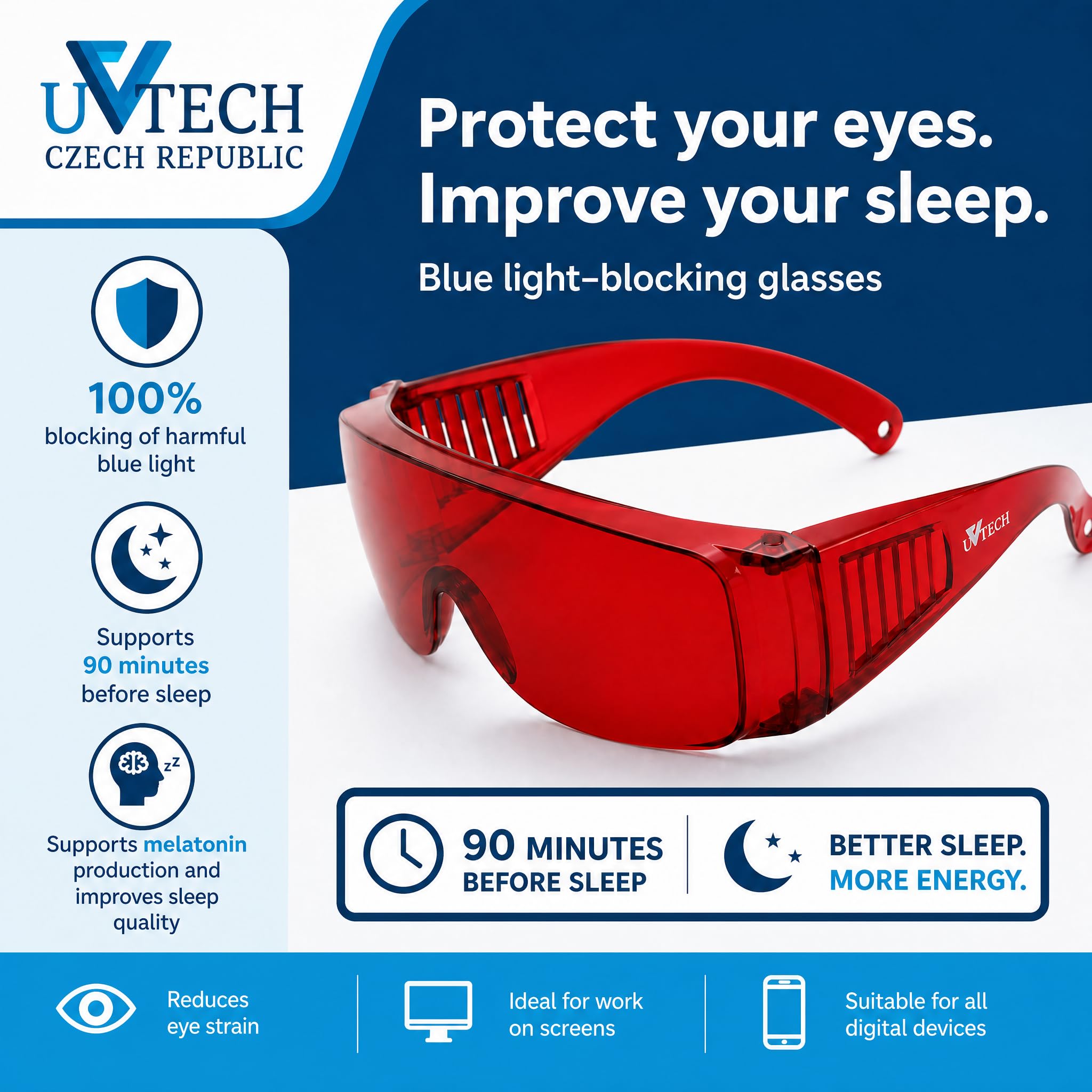 UVtech SLEEP-1 100% czerwone okulary, filtr niebieskiego światła i filtr zielonego światła, okulary komputerowe i gier, blokujące niebieskie światło
