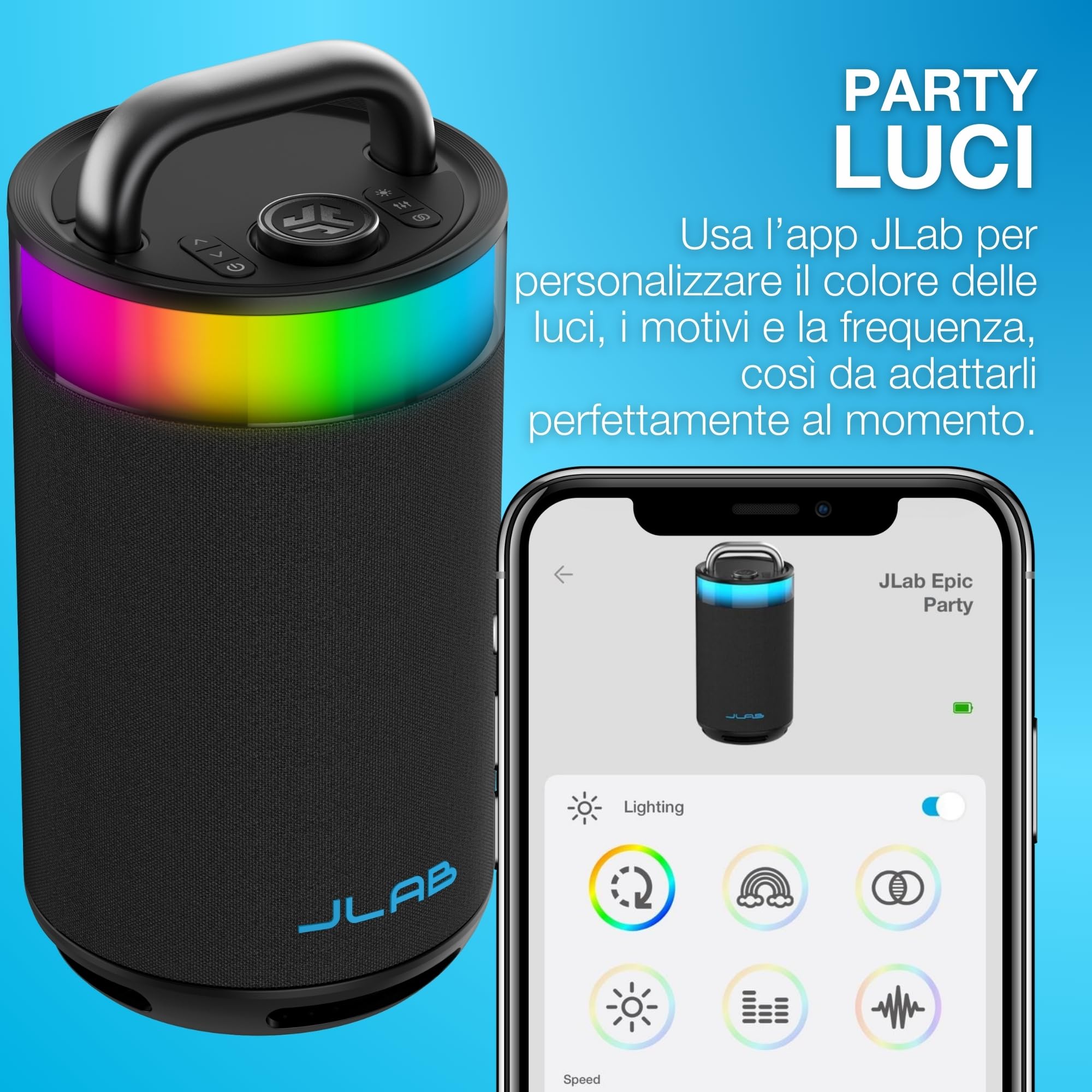 JLab Epic Party Altoparlante Bluetooth Portatile 100W - 16+ Ore, Nero | Cassa Wireless con Luci RGB & Suono 360 Gradi, IP56 Resistente Acqua, EQ Personalizzato