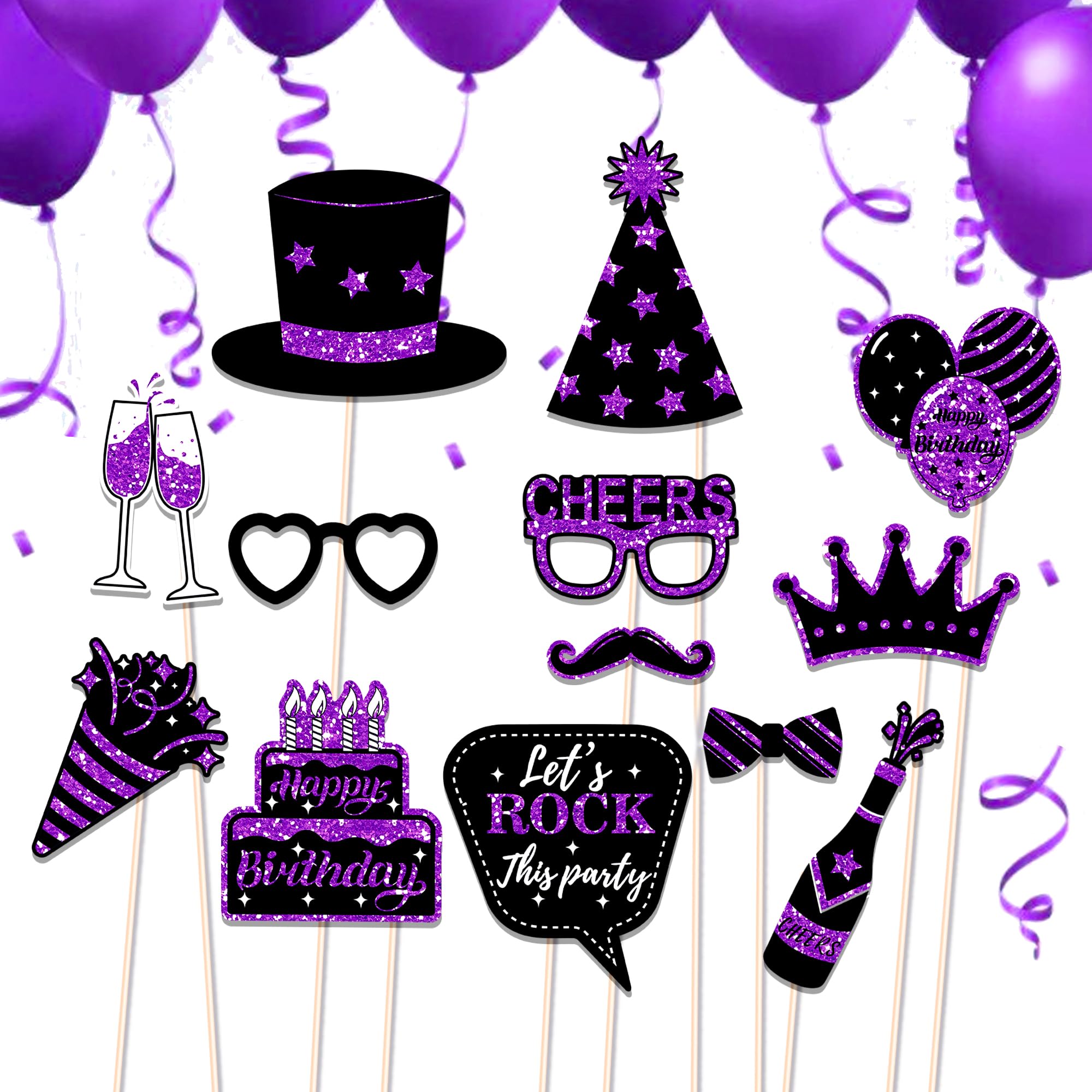 Cc Home Purple 36Pcs Happy Birthday Photo Booth Props, Glitter Birthday Party Decorations Party Favor For Forever Young Cheers Party Time Birthday Party Supplies Party Essentials