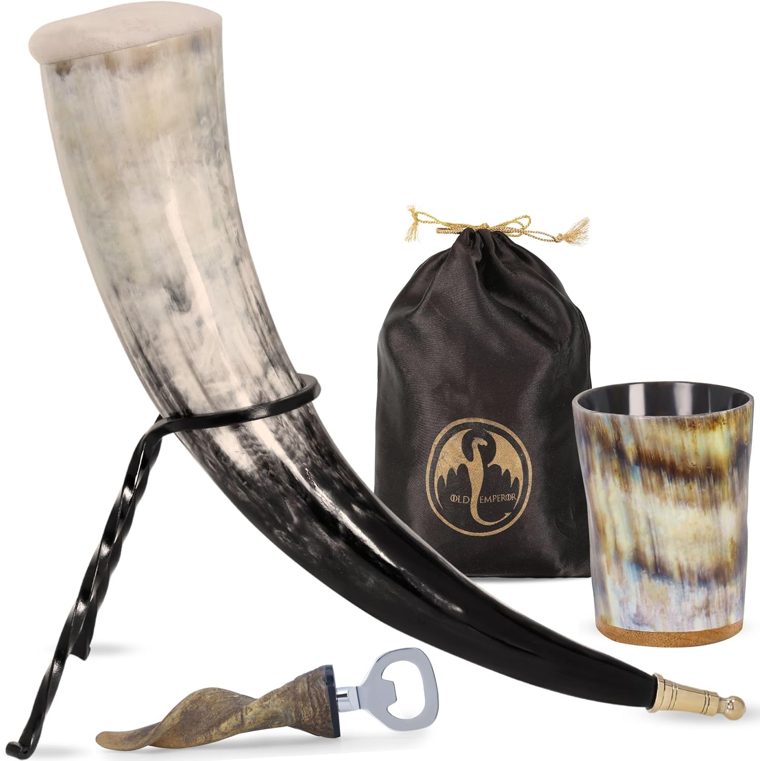 Viking Drinking Horn XL with Brass Fenrir Wolf Tip | Handcrafted Natural Ox Horn | Food Safe Polished Finish | Unique Norse Viking Gift for Men & Women | Medieval Mead