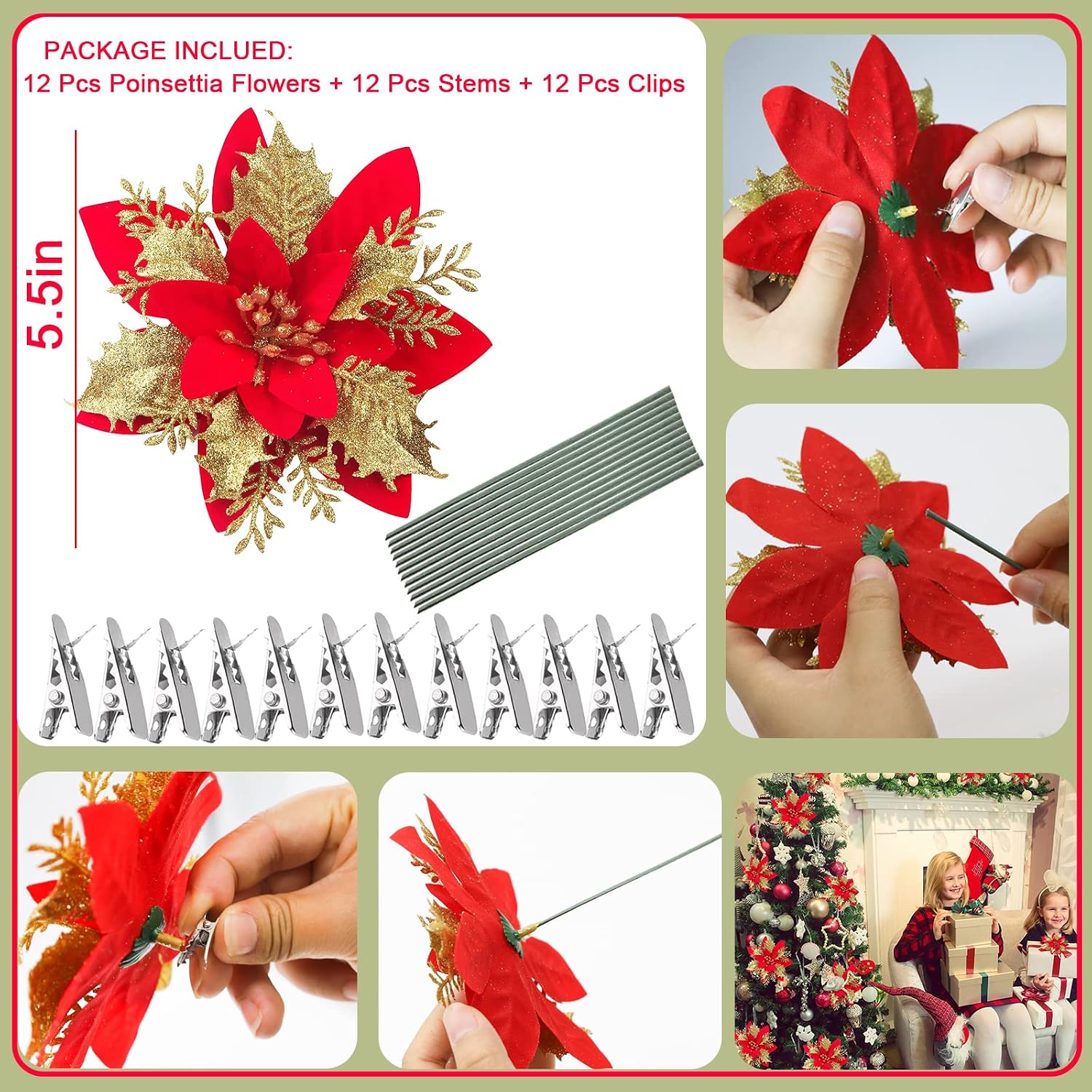 MEMOVAN 12pcs 5.5in Artificial Gold Red Poinsettia Flowers Christmas Glitter Faux Flowers with Clips and Stems for Christmas Tree Ornaments Christmas Wreath Xmas Decoration Wedding Party (RED)