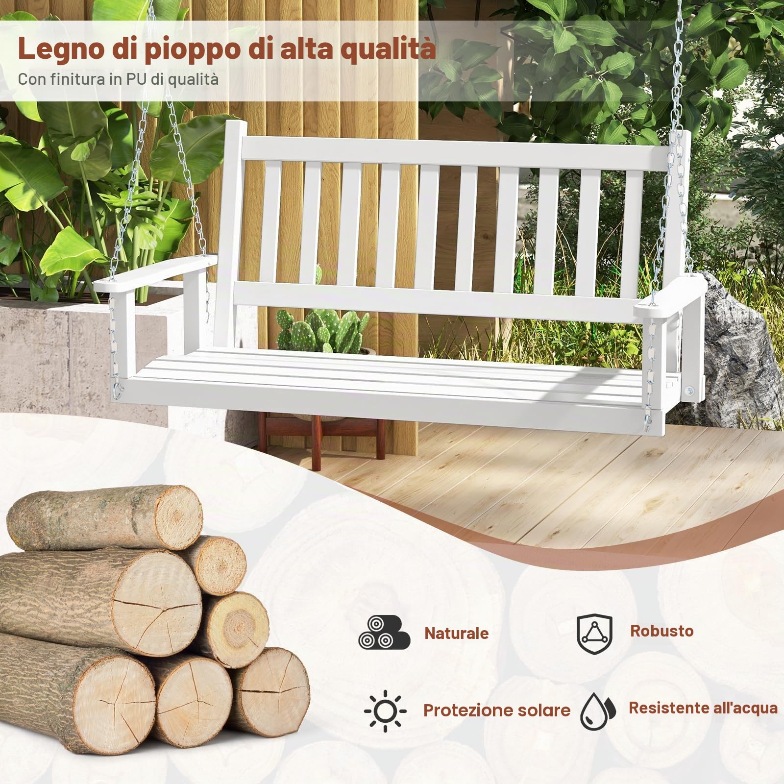 GIANTEX Altalena sospesa in legno per 2/3 persone con catene in metallo zincato regolabili e resistenti, con schienale a doghe e seduta per patio giardino (136 x 67 x 63 cm, bianco)