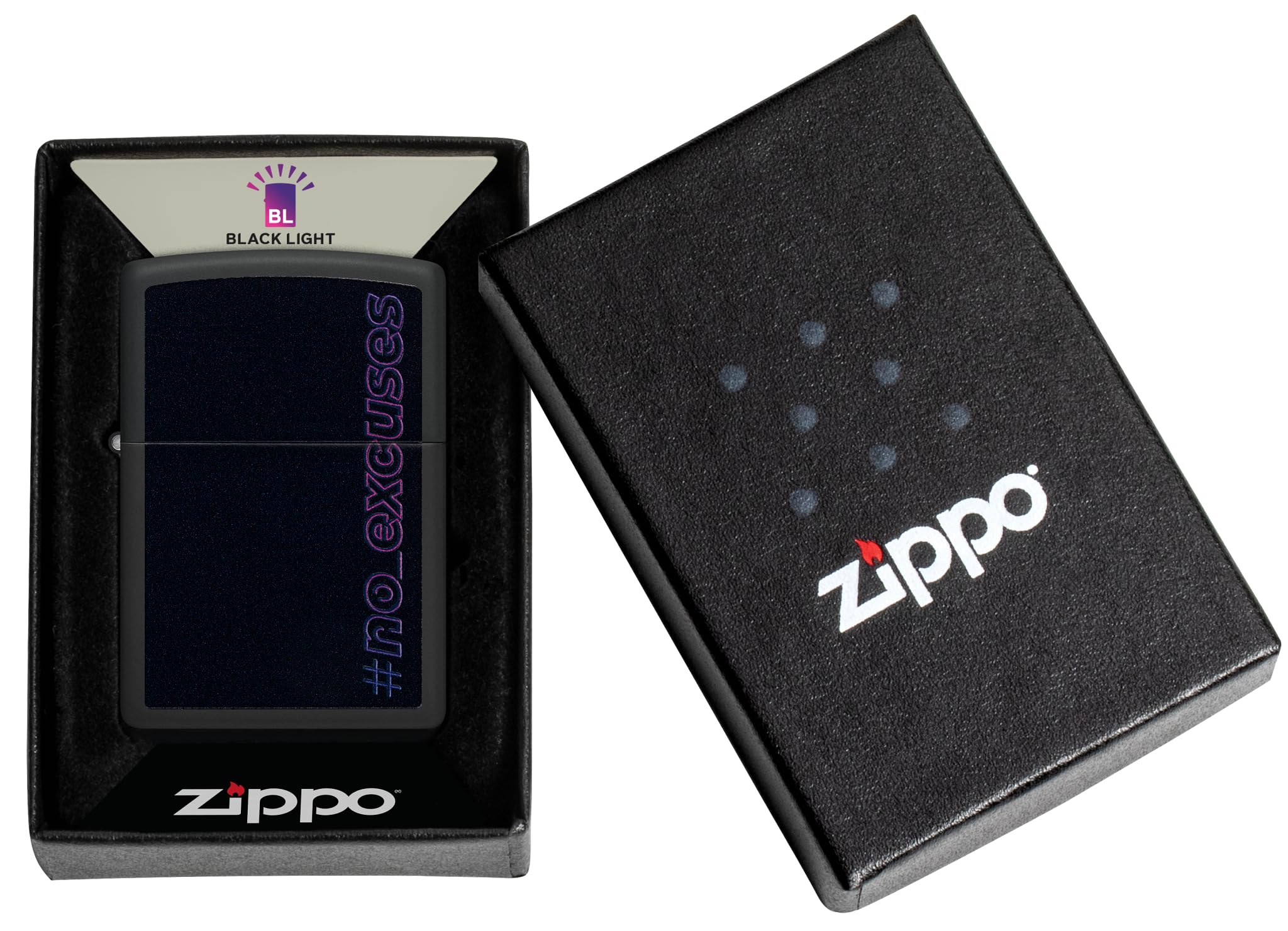 Zippo Sturmfeuerzeug - No Excuses, Black Matte, Black Light - Nachfüllbar - Wiederverwendbar - Windfestes Design - Geschenkbox - Made in USA