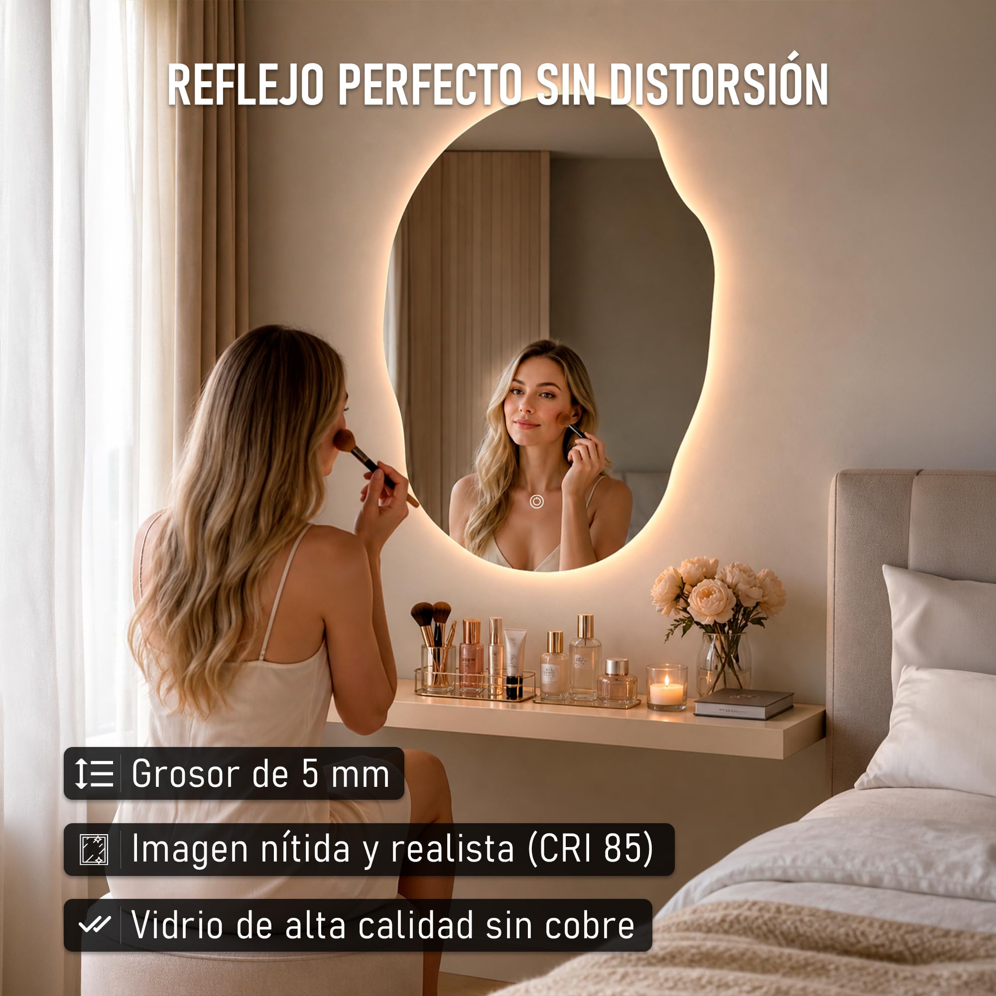 Espejo LED con Antivaho y Control Táctil, 50 x 70 cm (Irregular) | Luz Cálida, Neutra y Fría, Brillo Regulable, Memoria, Apto para Ambientes Húmedos, Enchufe y Tornillos Incluidos