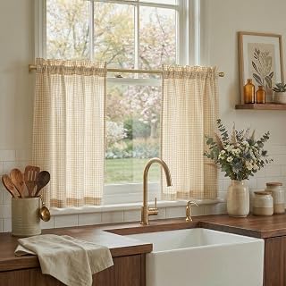 NICETOWN Sheer Butter Yellow Linen Gingham Cafe Curtain, 30×36, 2 Panels