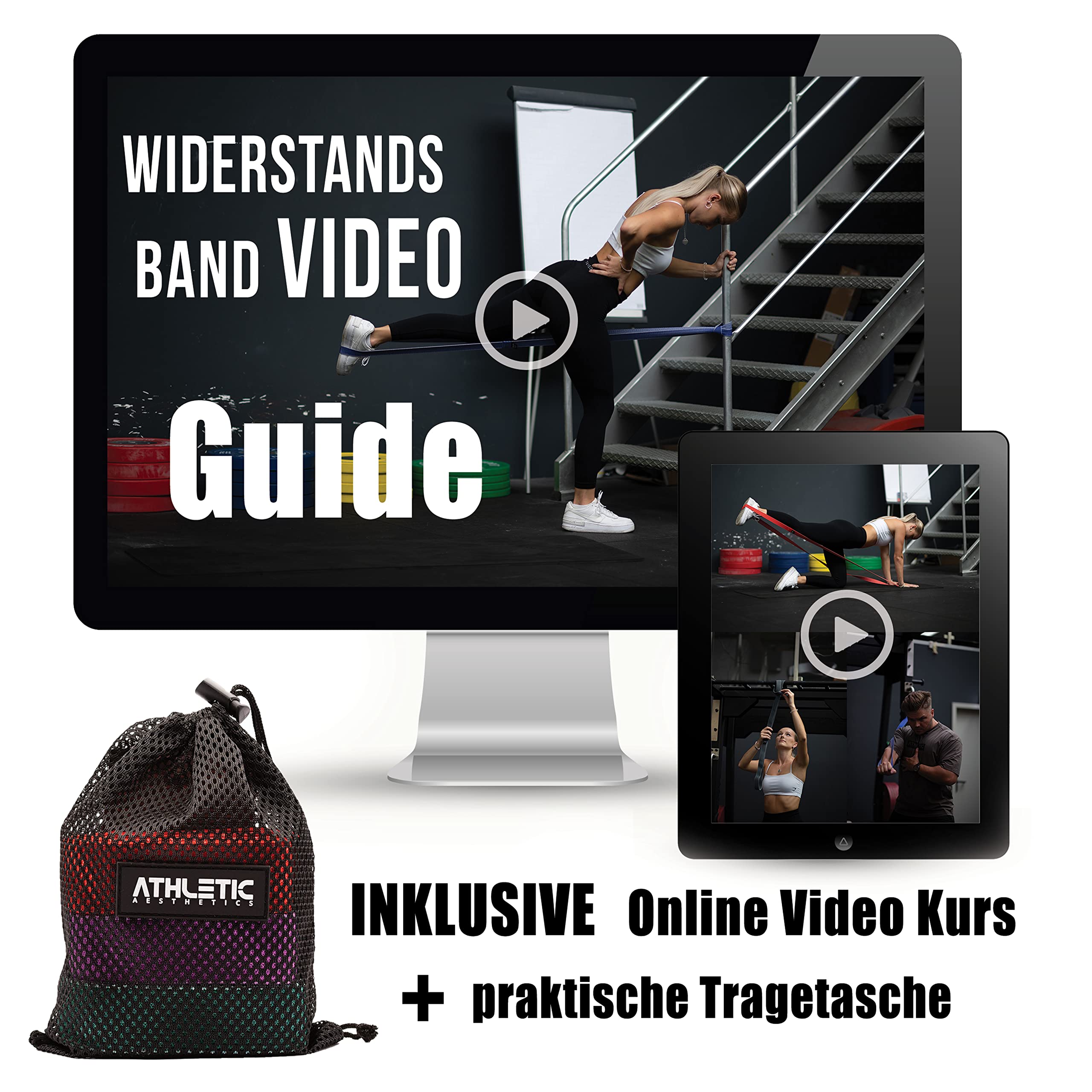 ATHLETIC AESTHETICS Premium Resistance Bands/Widerstandsbänder mit Stoff [ Als Fitnessband und Fitnessbänder Set + Tasche und Videokurs] Fitness Band z.B. als Klimmzughilfe für Damen & Herren