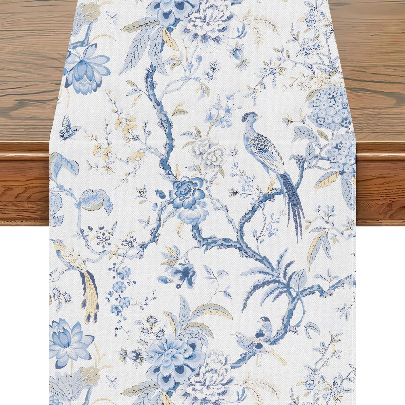 Snylcce 13x47 Inch Table Runner Blue White Bird Flower Chinoiserie Table Runners Modern Elegant Luxury Farmhouse Geometric Table Center White Linen Decor for Home Dining Party Entrance