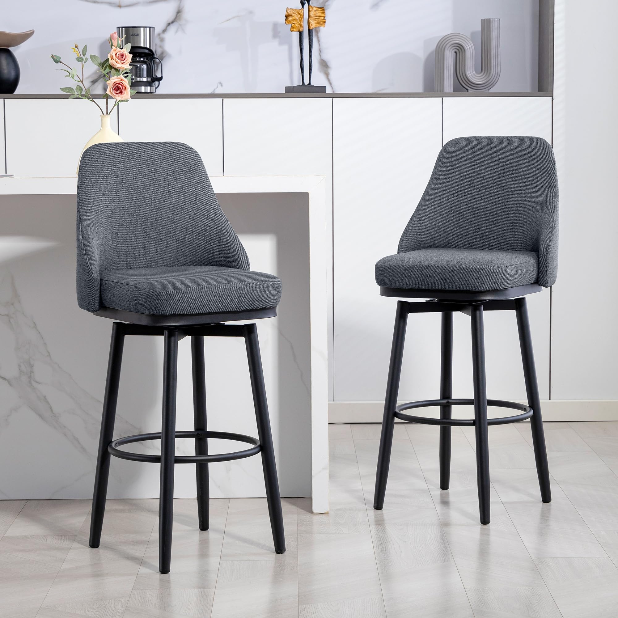 HOMCOM Bar Height Bar Stools Set of 2, Modern 360° Swivel Kitchen Chairs with Steel Legs and Footrest, 29.5 Inch Seat Height Upholstered Barstools for Kitchen Island, Dark Gray