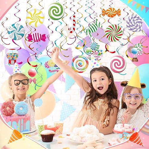 Miniatura 6 de Faccito 36 piezas de decoraciones de fiesta de Candyland, remolinos colgantes de remolinos coloridos, piruletas de caramelo temático de tierra,